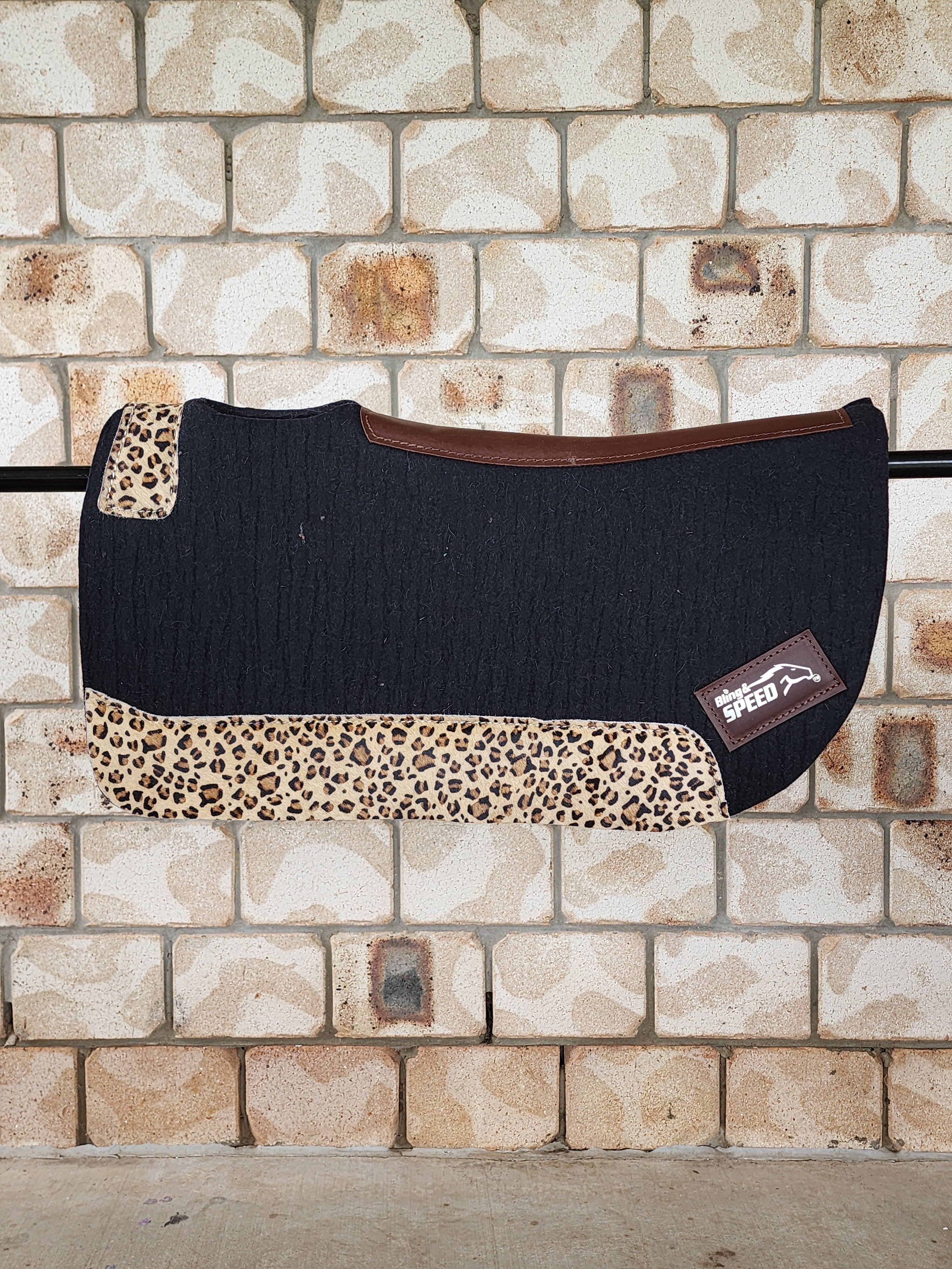 Standard Wither Relief - Round Skirt Merino Wool Barrel and Fender Saddle Pad - Black with Cheetah