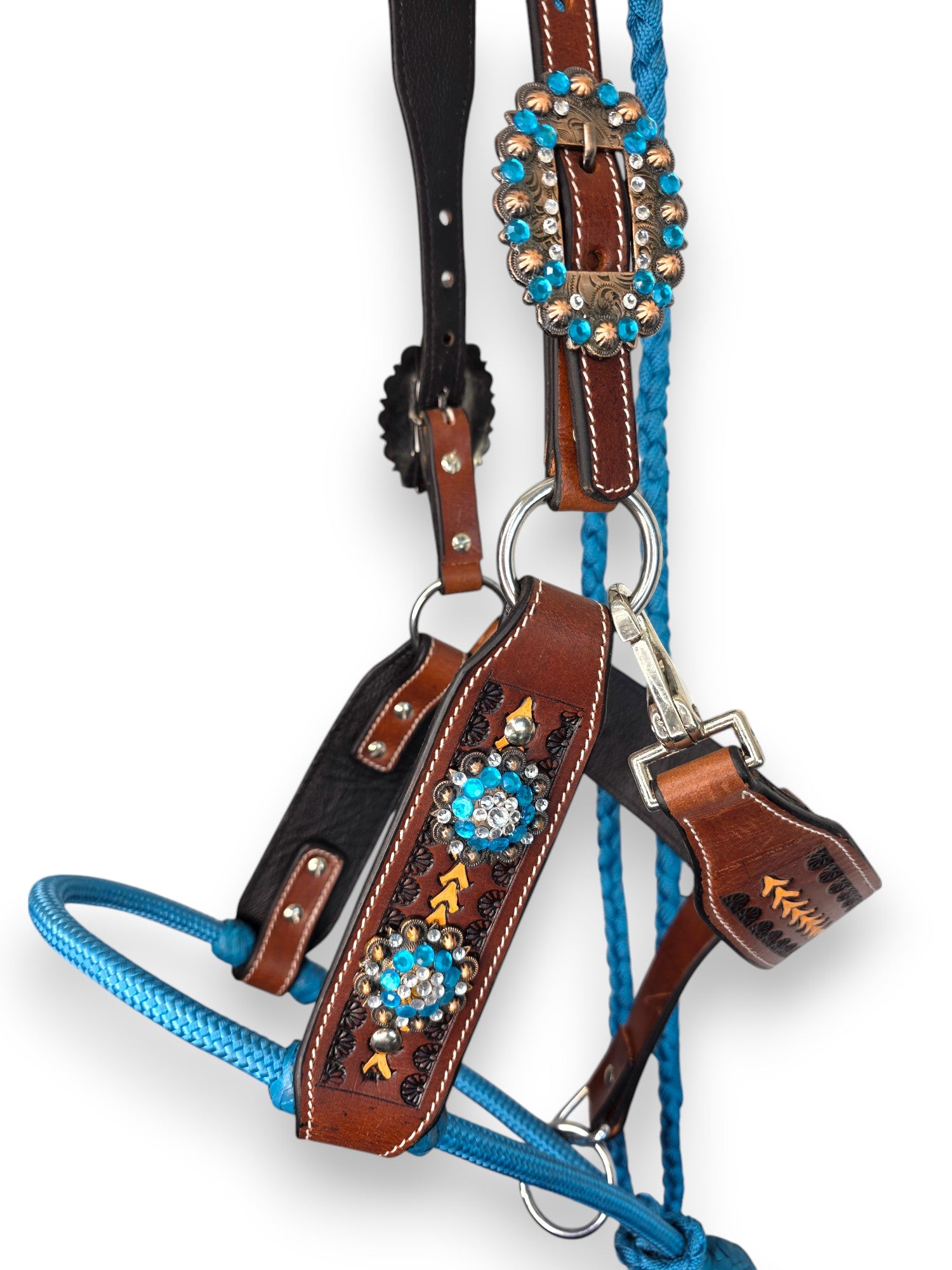 Leather Halter with Rope Nose Band - Blue