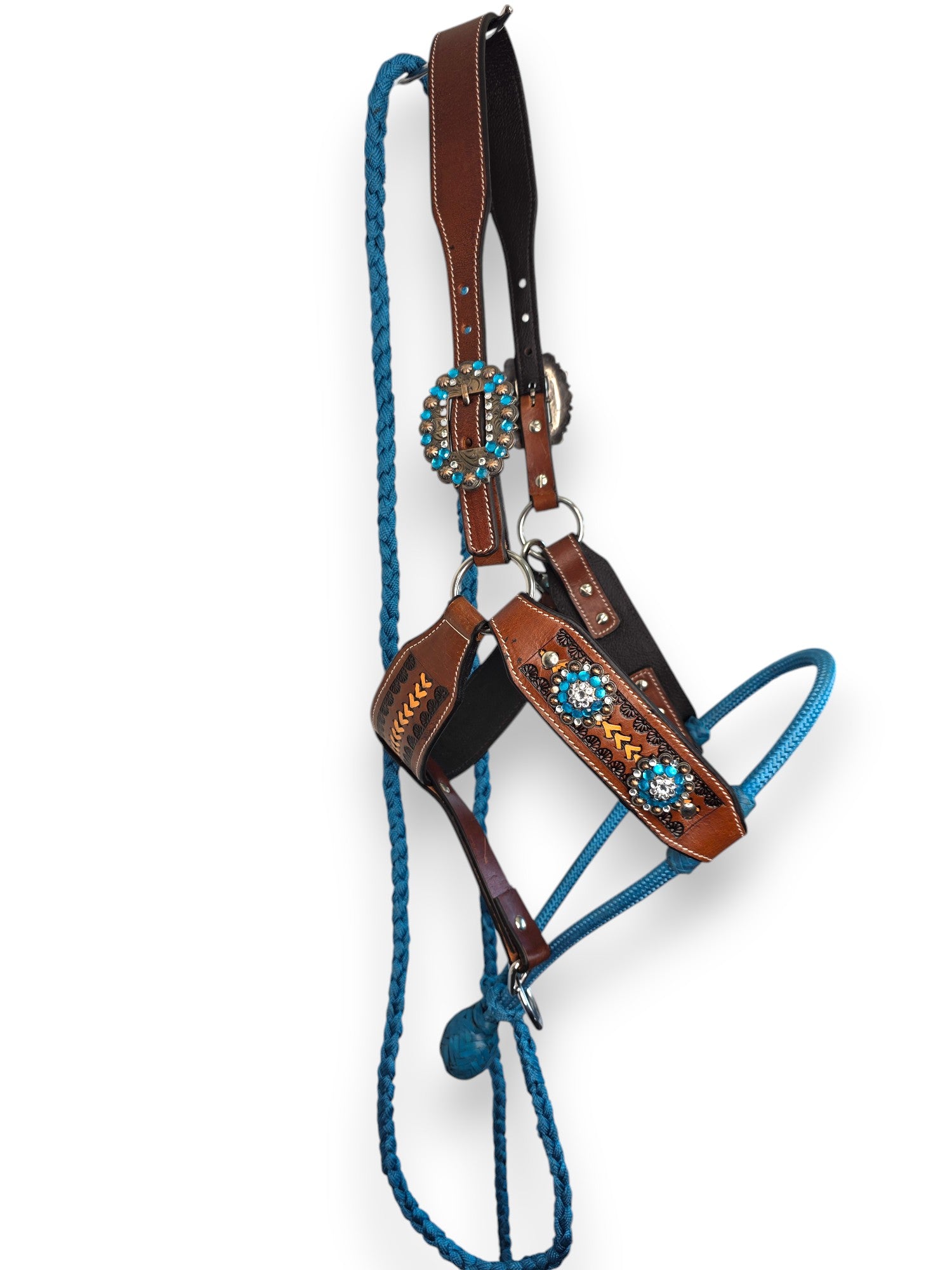 Leather Halter with Rope Nose Band - Blue