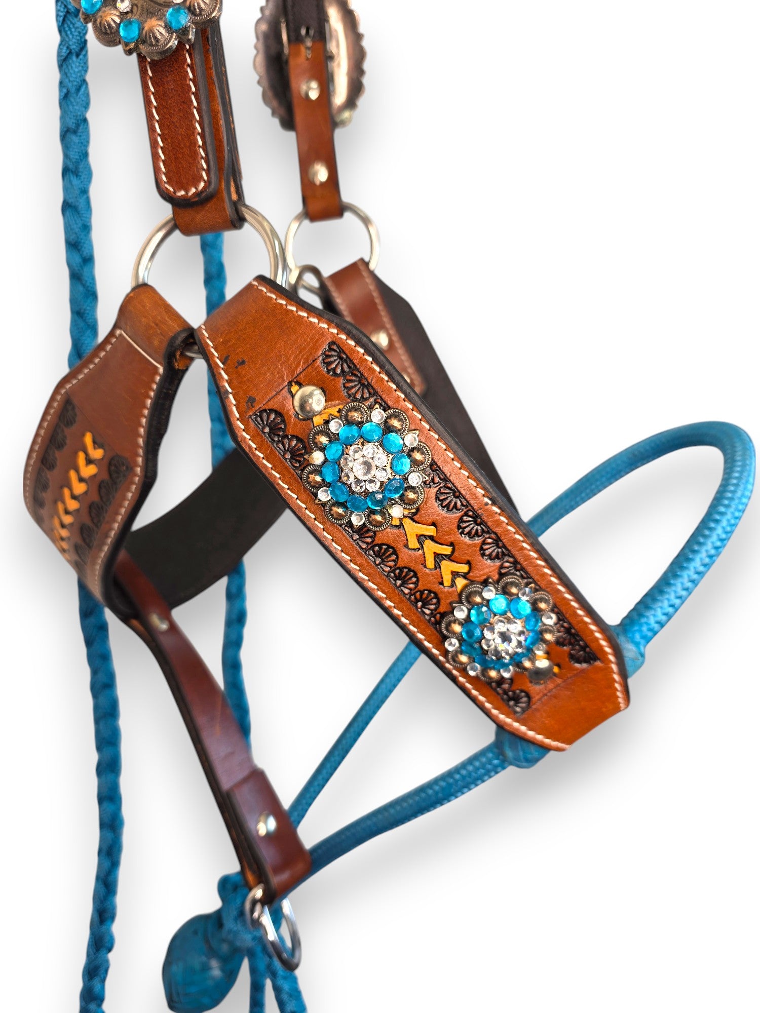 Leather Halter with Rope Nose Band - Blue