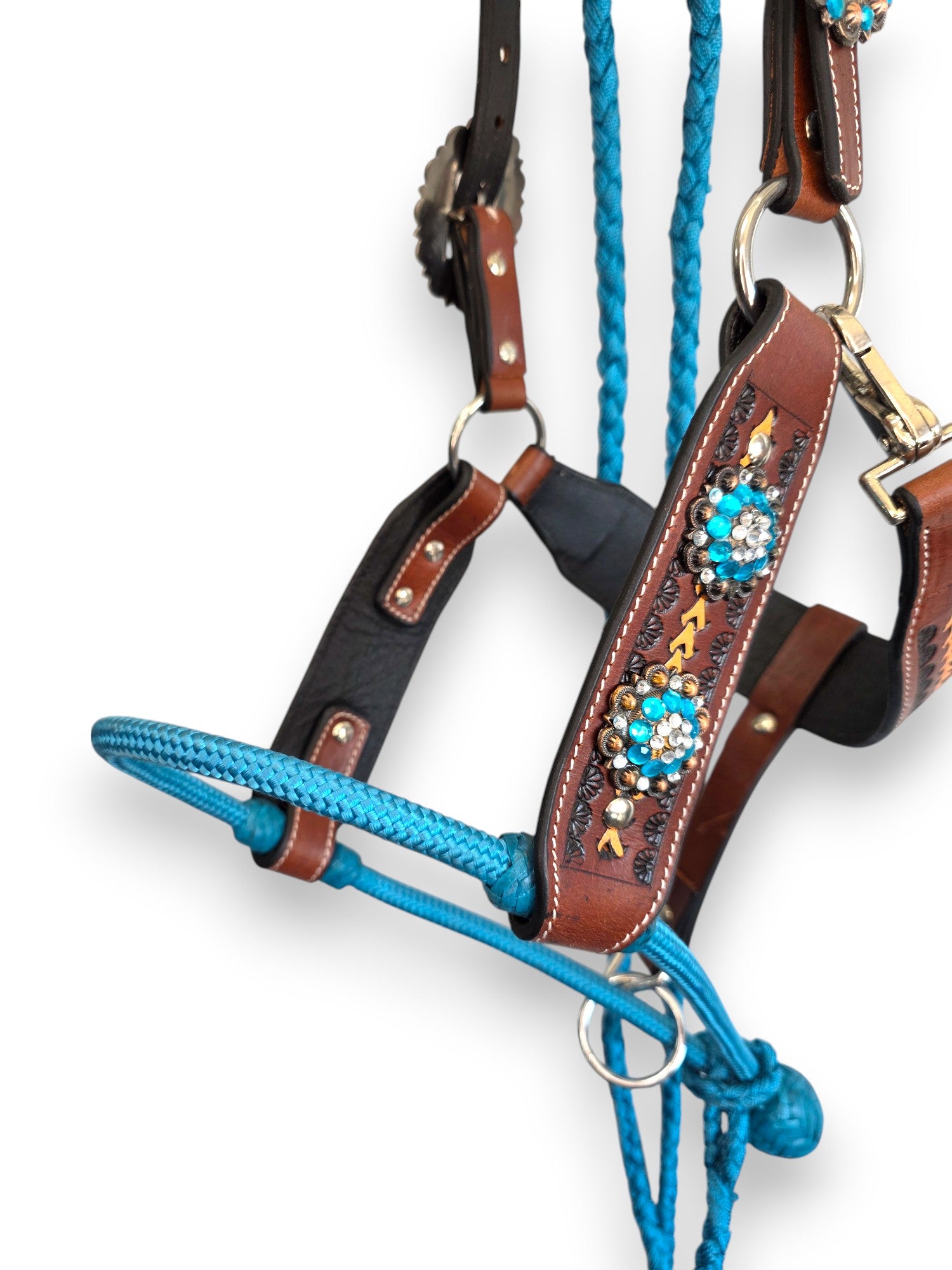 Leather Halter with Rope Nose Band - Blue