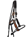 Load image into Gallery viewer, Leather Halter with Rope Nose Band - Black with Floral Tooling