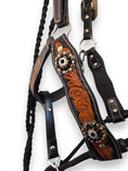 Load image into Gallery viewer, Leather Halter with Rope Nose Band - Black with Floral Tooling