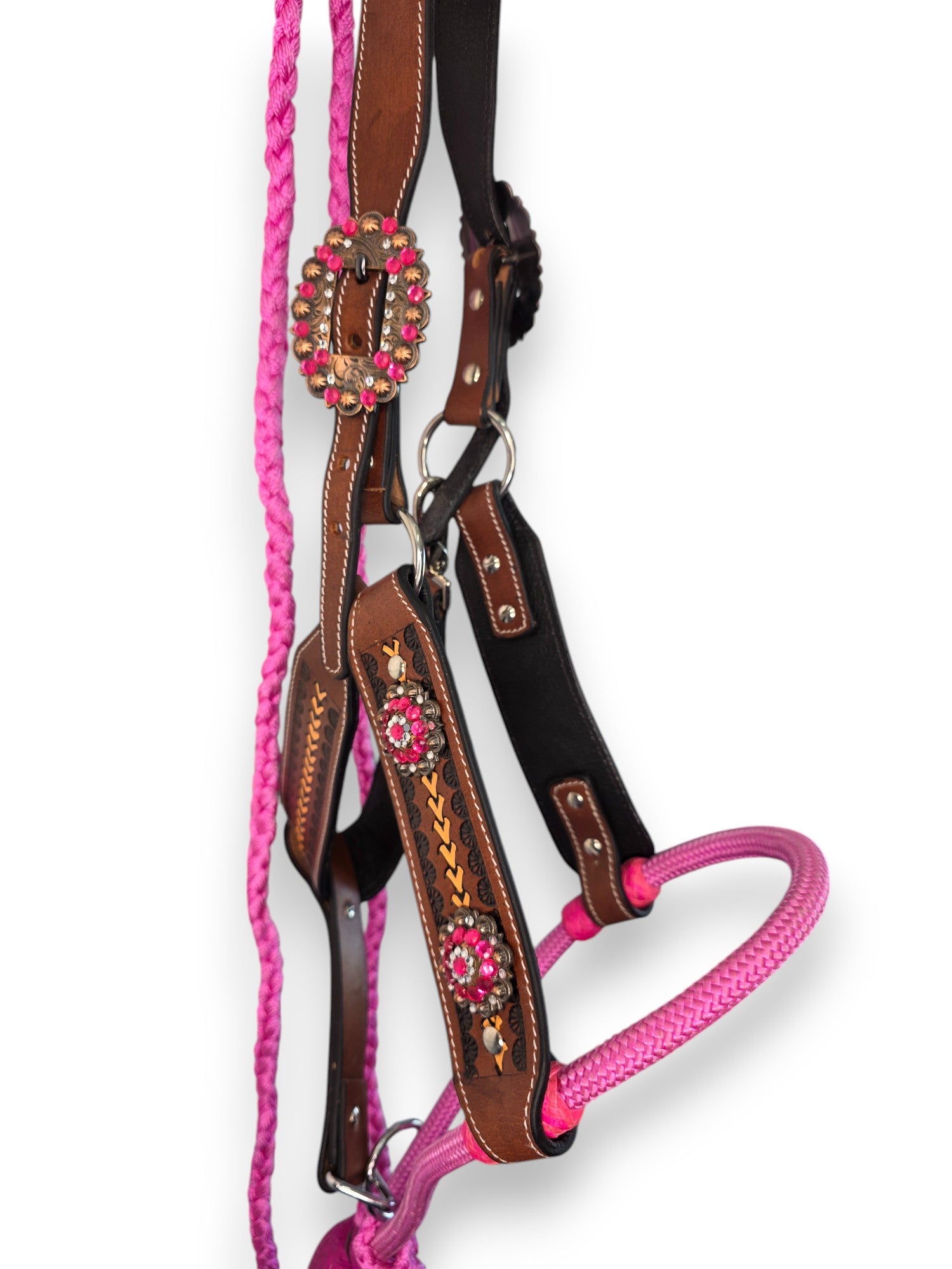 Leather Halter with Rope Nose Band - Pink