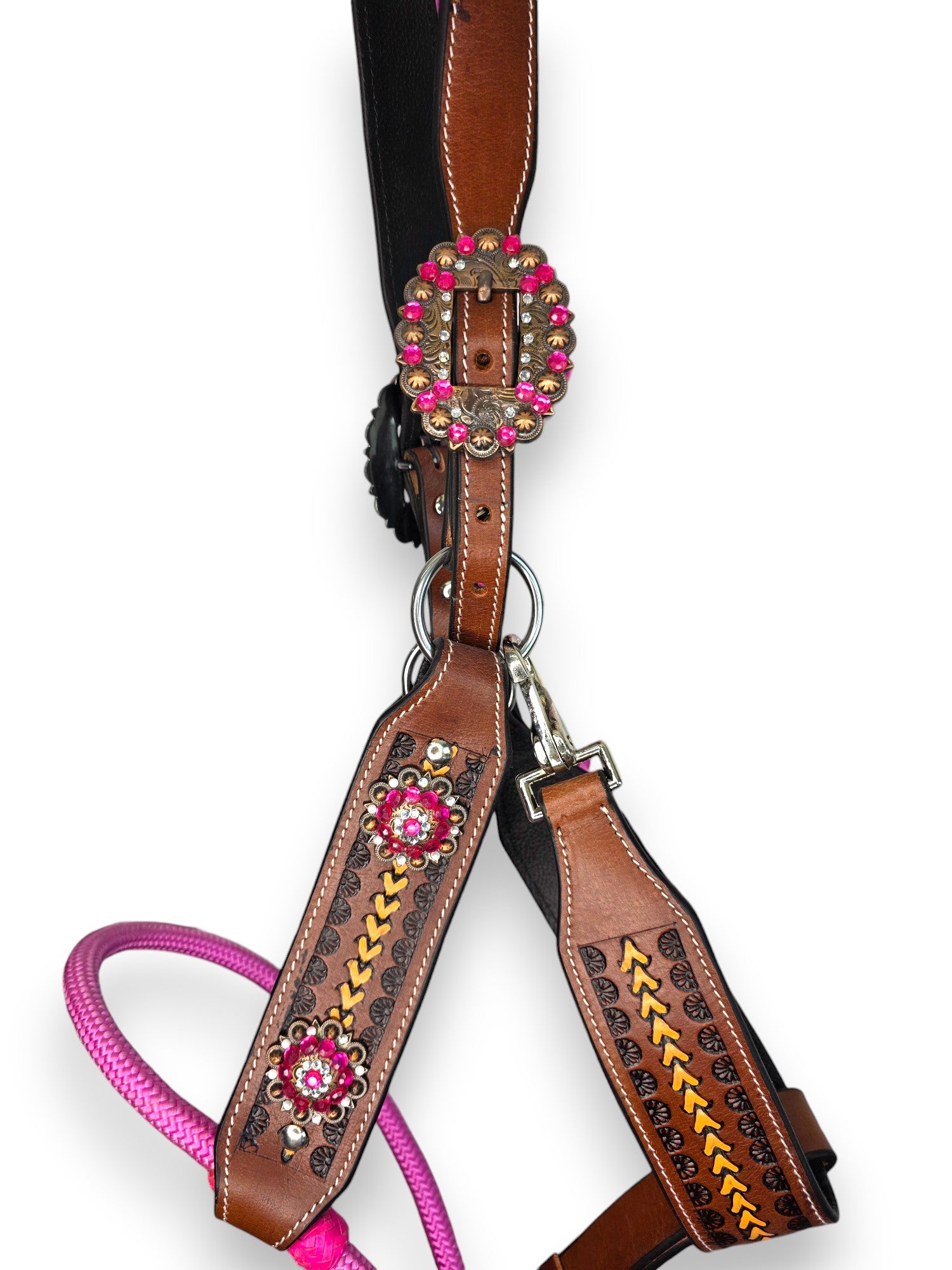 Leather Halter with Rope Nose Band - Pink