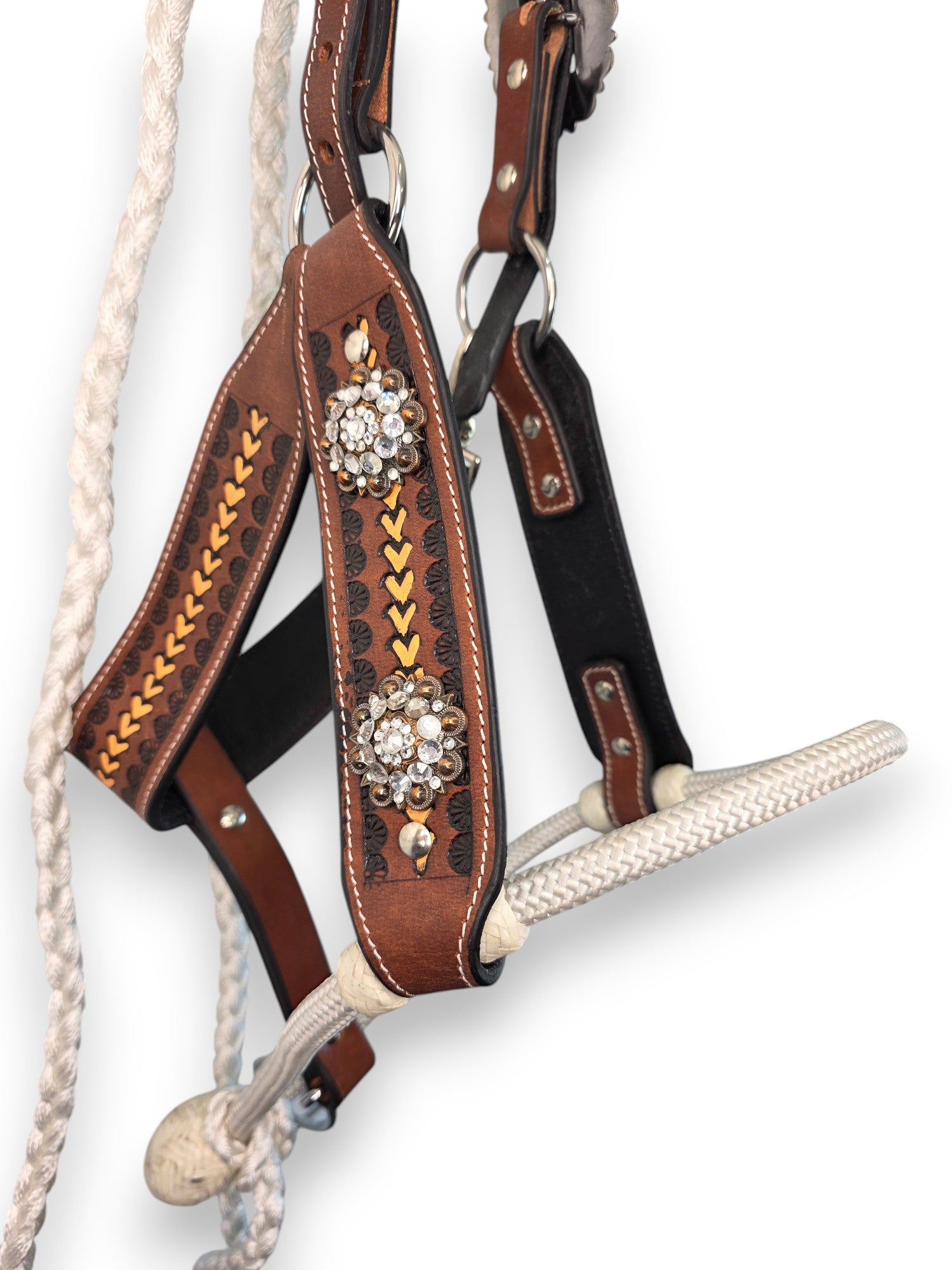 Leather Halter with Rope Nose Band - White