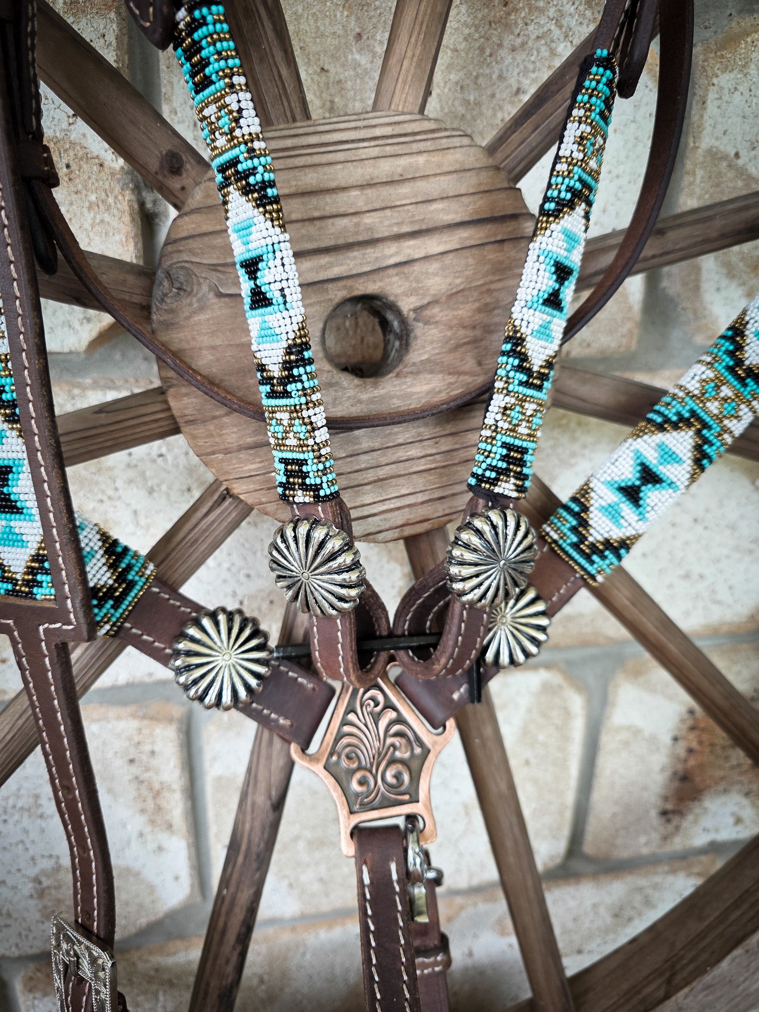 Beaded Aztec Gold Breastcollar, Bridle and Wither strap Set