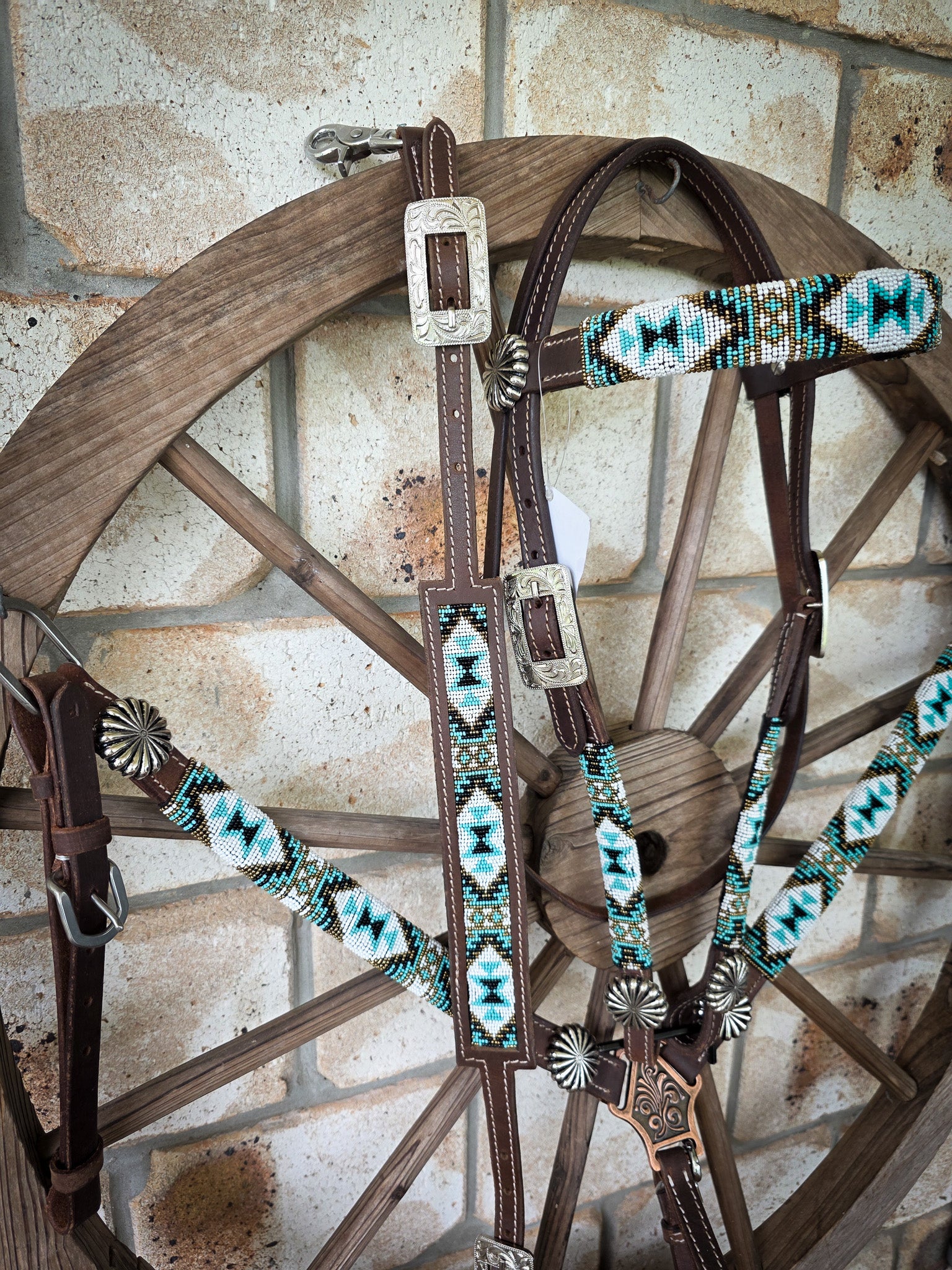 Beaded Aztec Gold Breastcollar, Bridle and Wither strap Set