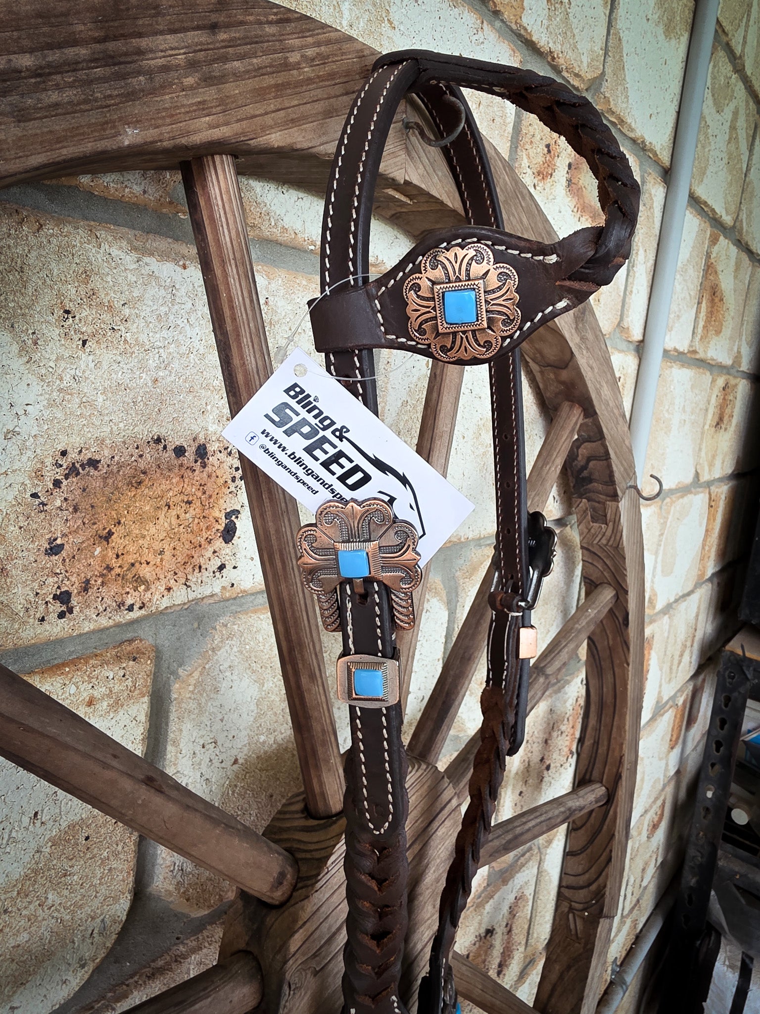 One Ear Plait Bridle with Turquoise Conchos