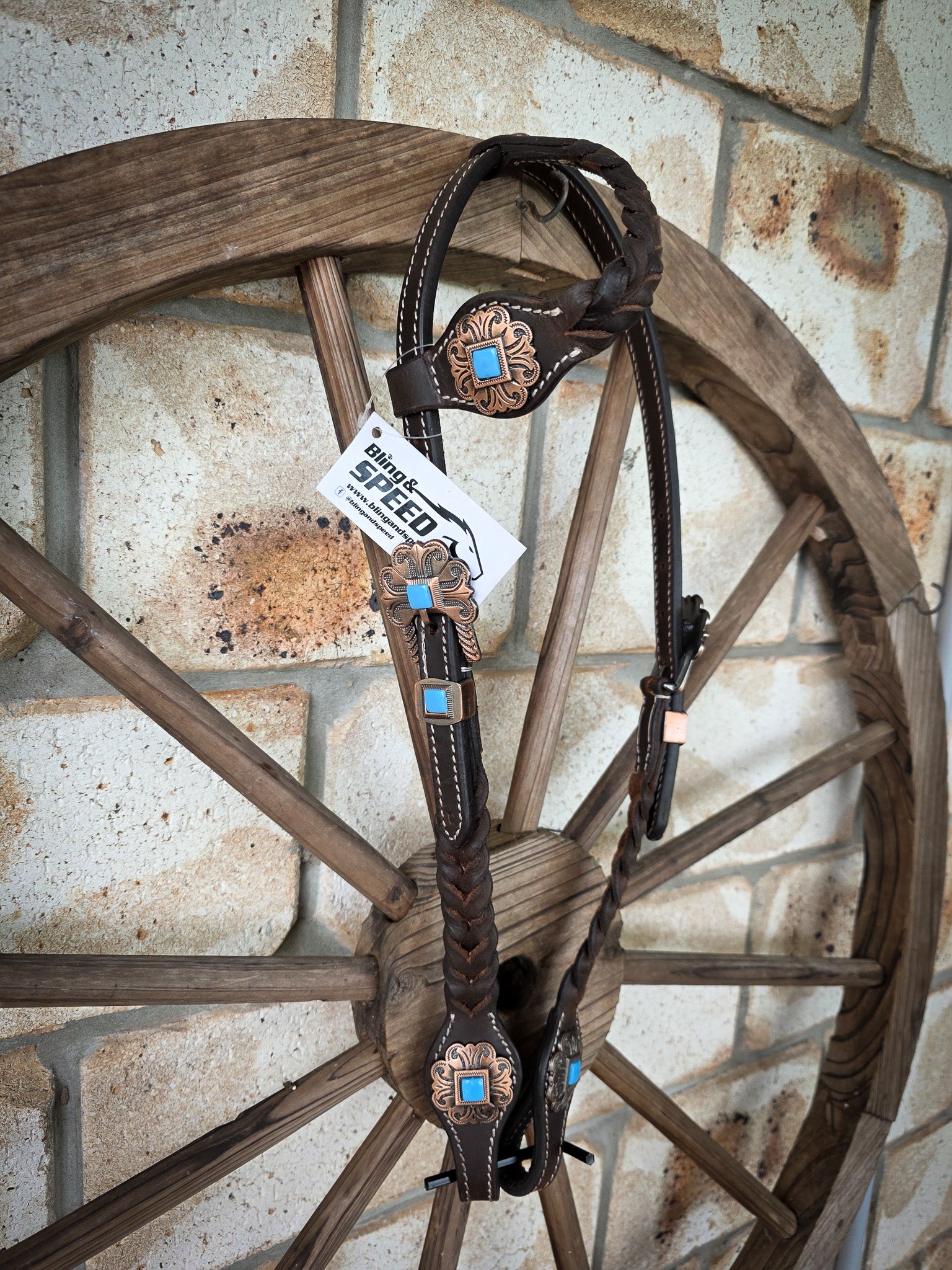 One Ear Plait Bridle with Turquoise Conchos