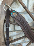 Load image into Gallery viewer, Braided Chocolate Leather Breast Collar & Headstall Set – Turquoise Stone Conchos