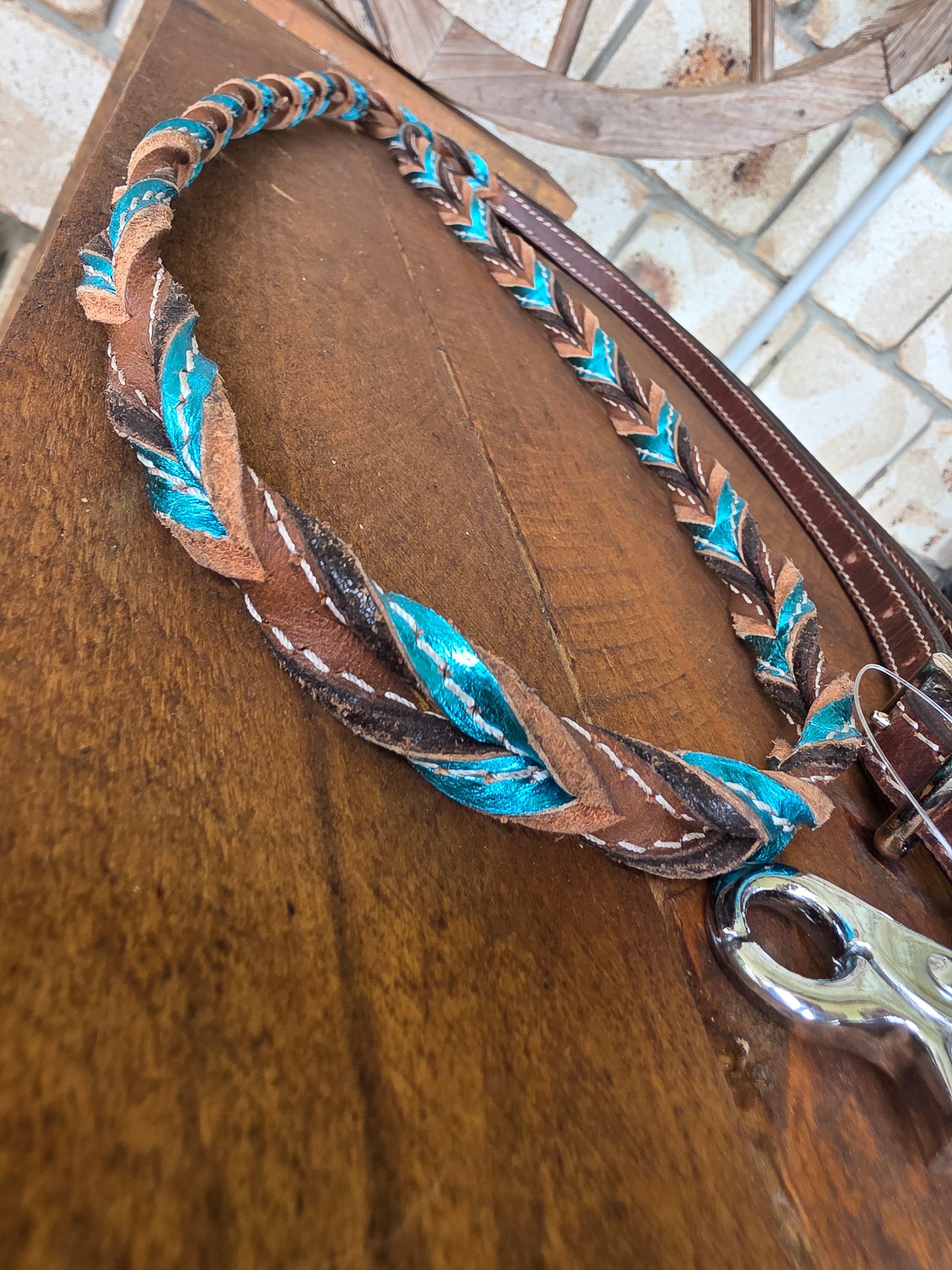 Twisted Bloodknot Barrel Reins - Metallic Turquoise