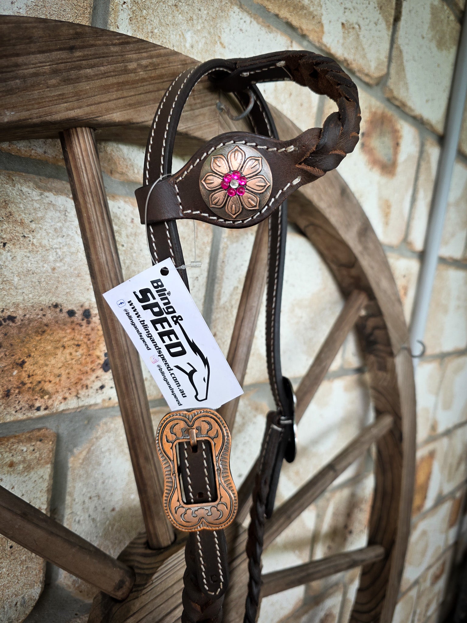 One Ear Plait Bridle with Pink Flower Concho