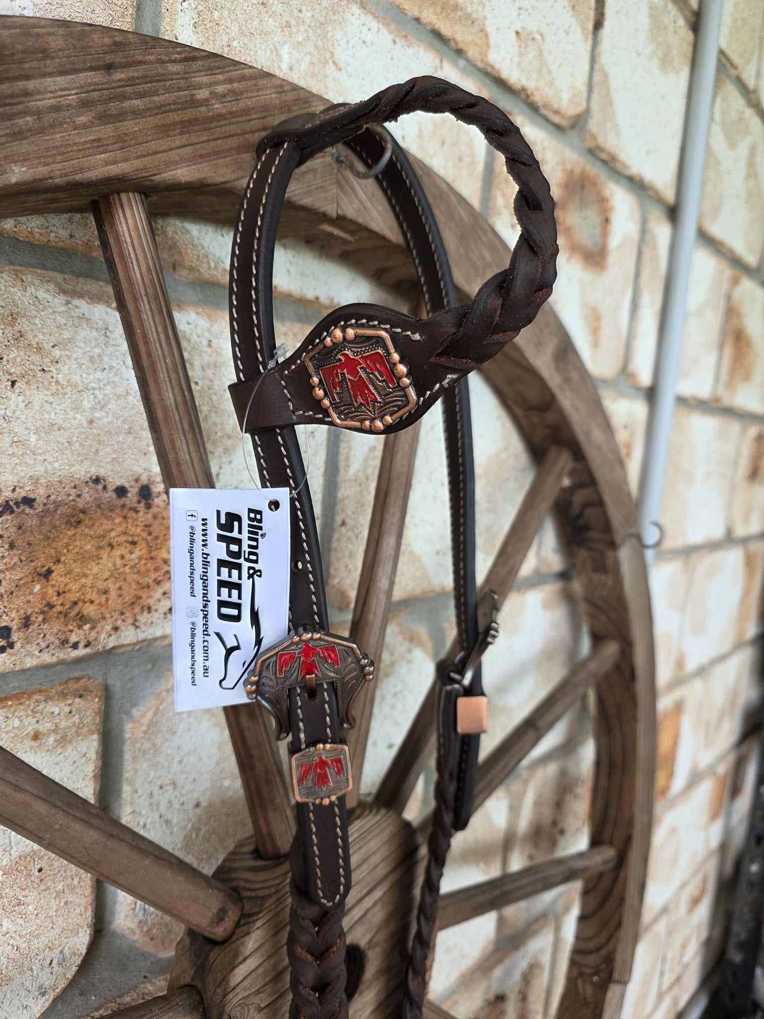 One Ear Plait Bridle with Red Thunderbird Concho