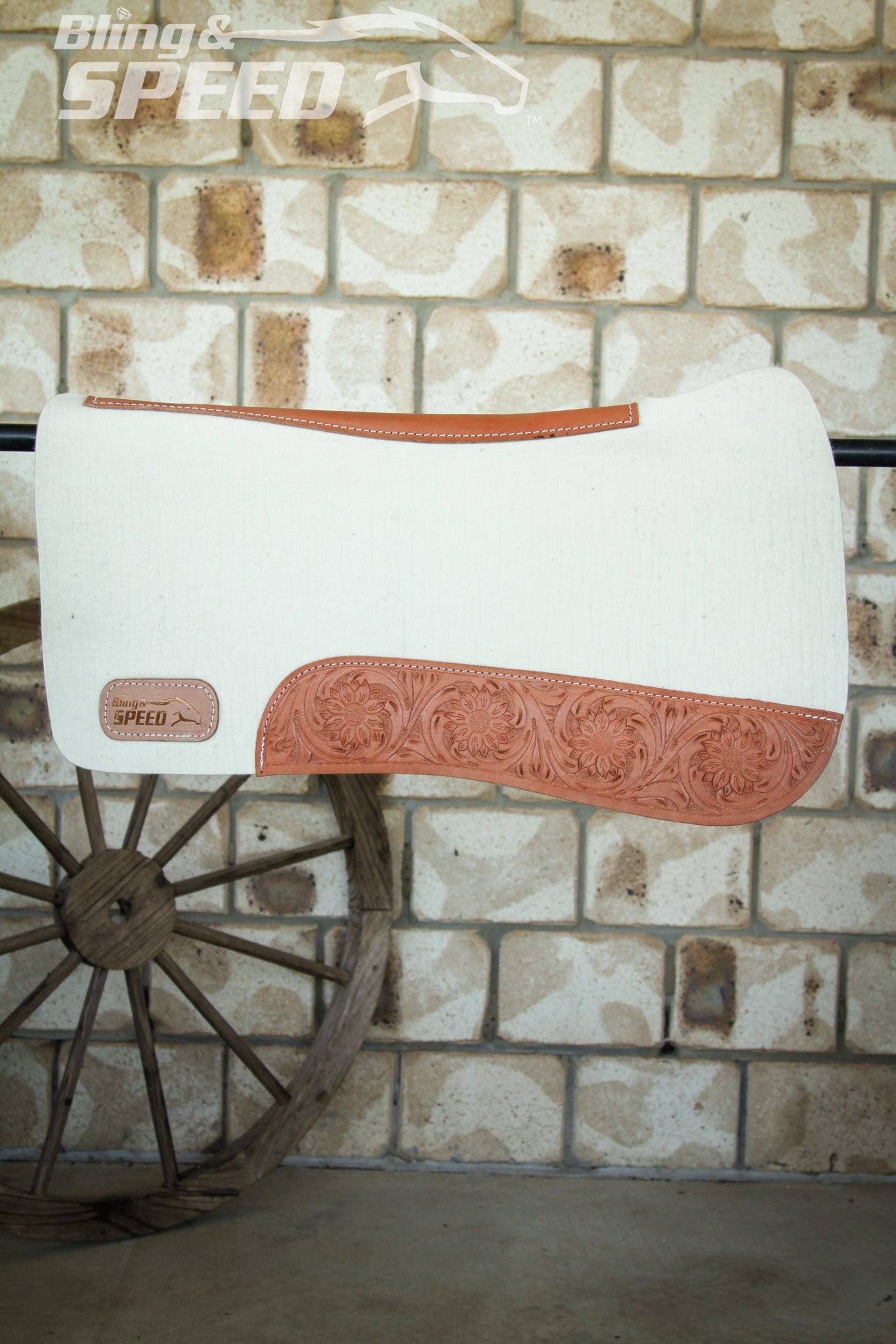 Full Wither Relief Merino Wool Felt Saddle Pad - Cream with Floral Tooling