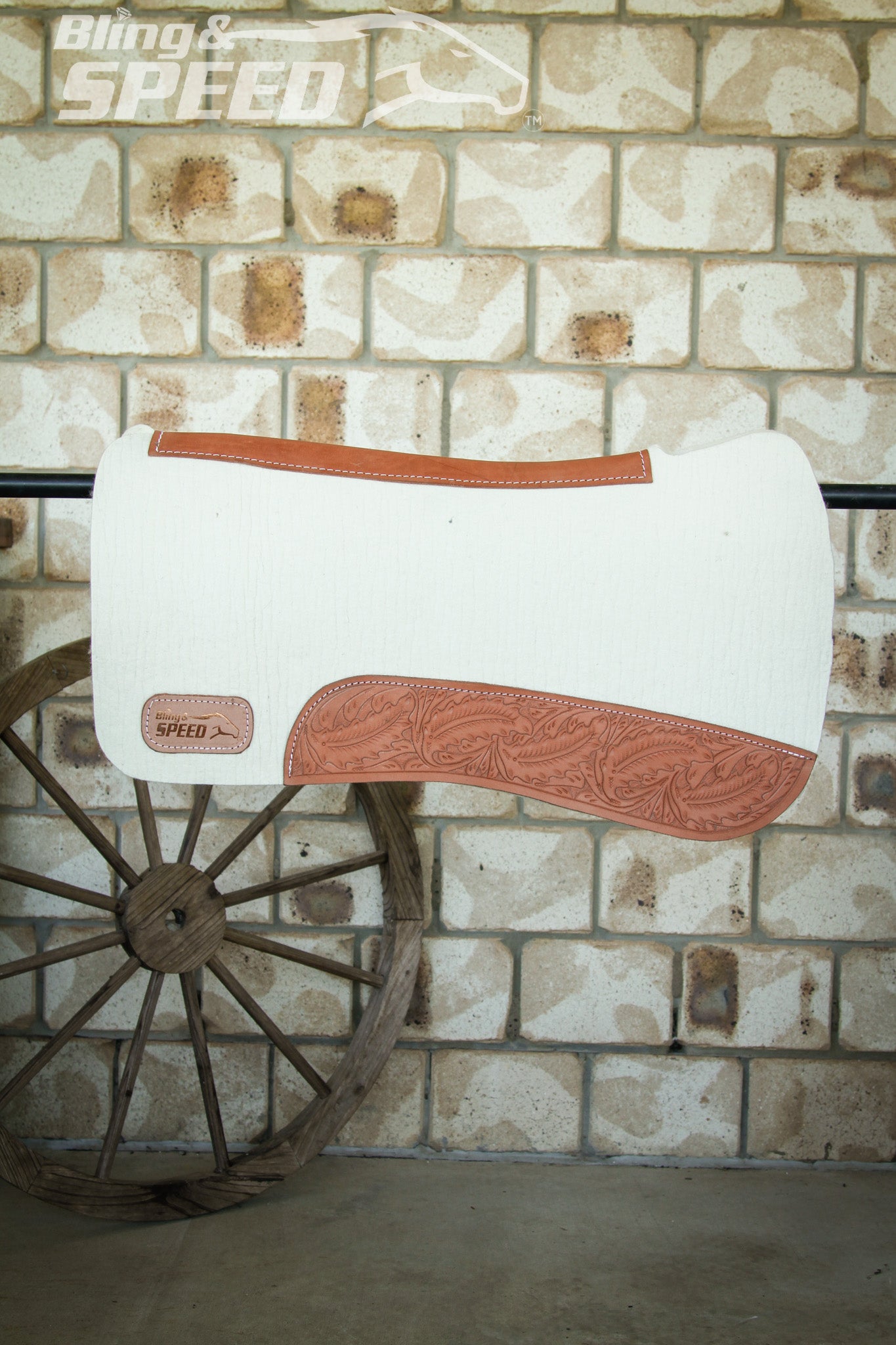 Full Wither Relief Merino Wool Felt Saddle Pad - Cream with Leaf Tooling