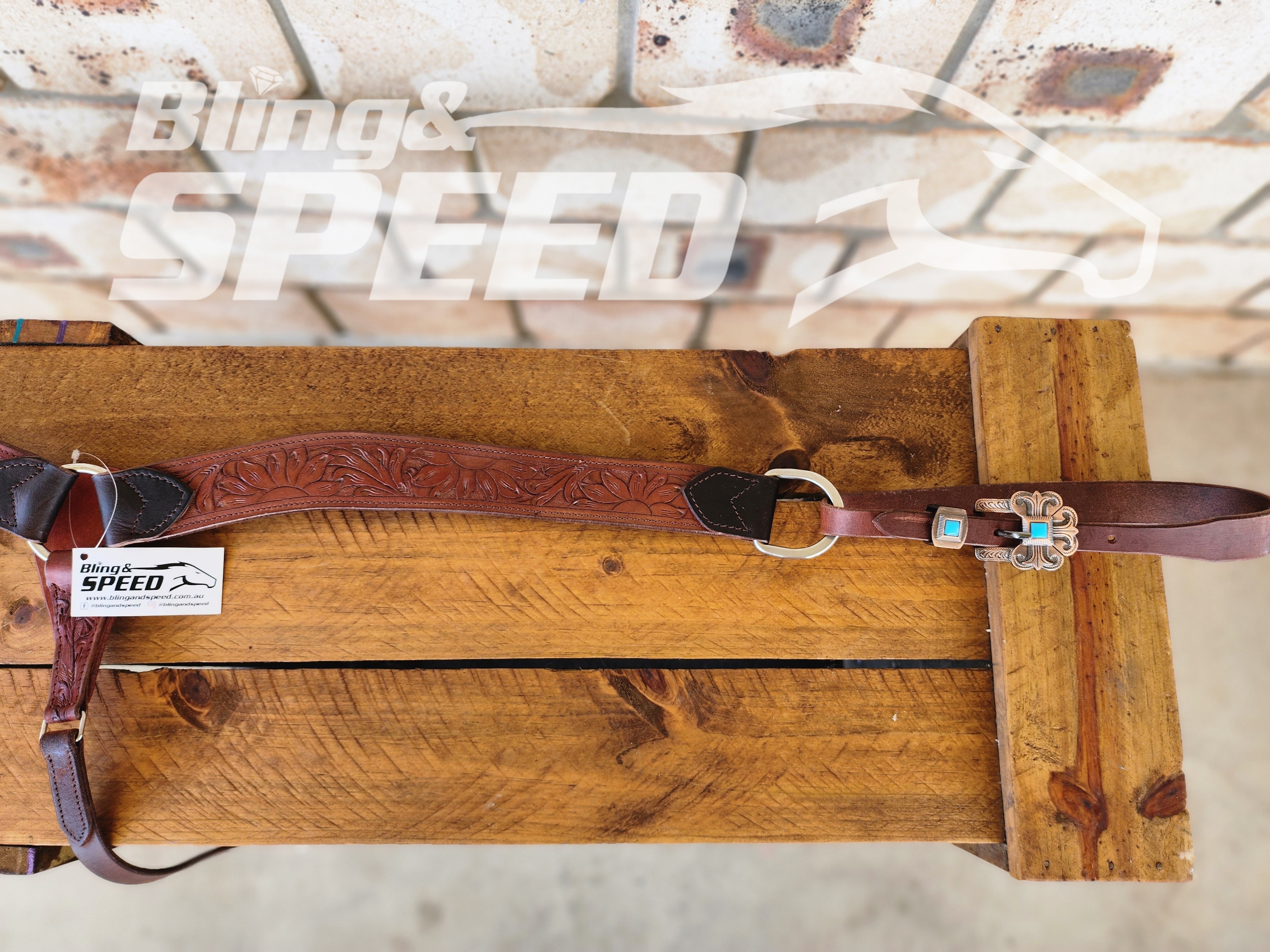 Leather Breast Collar with Sunflower Tooling and Turquoise Buckles (8065649410286)