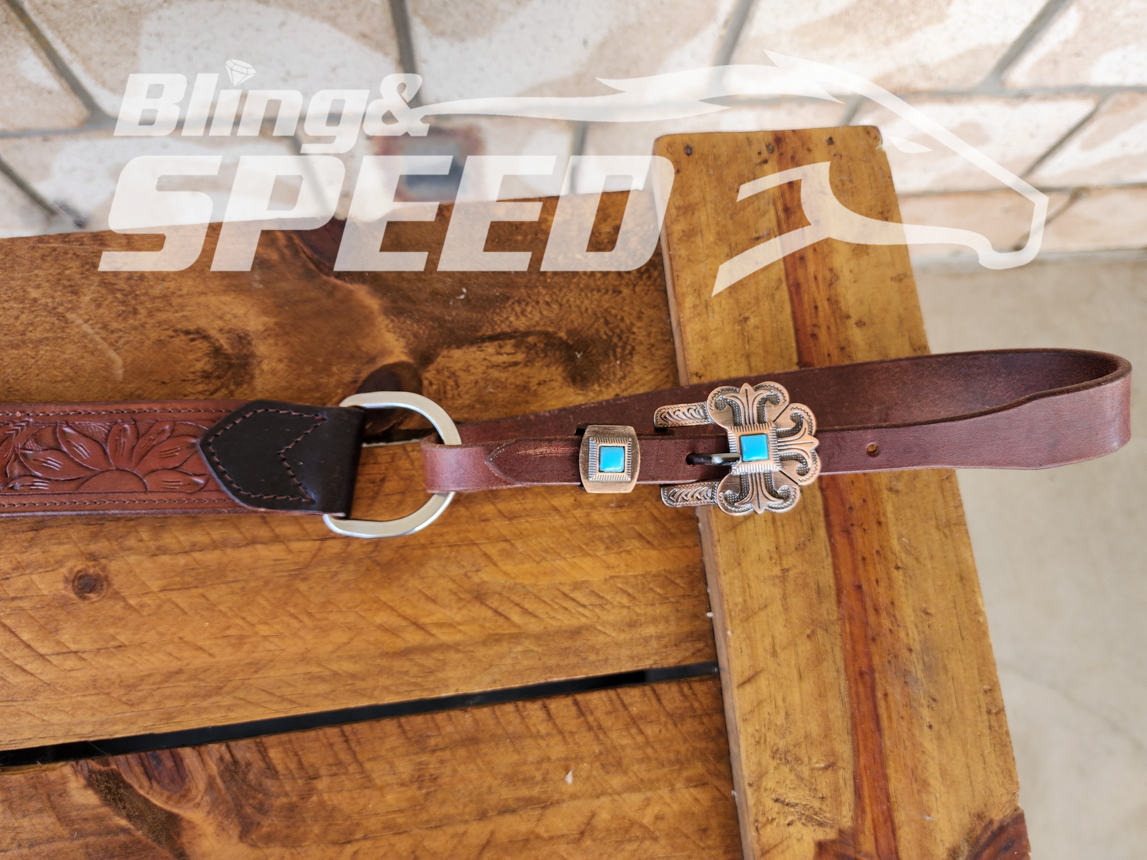 Leather Breast Collar with Sunflower Tooling and Turquoise Buckles (8065649410286)
