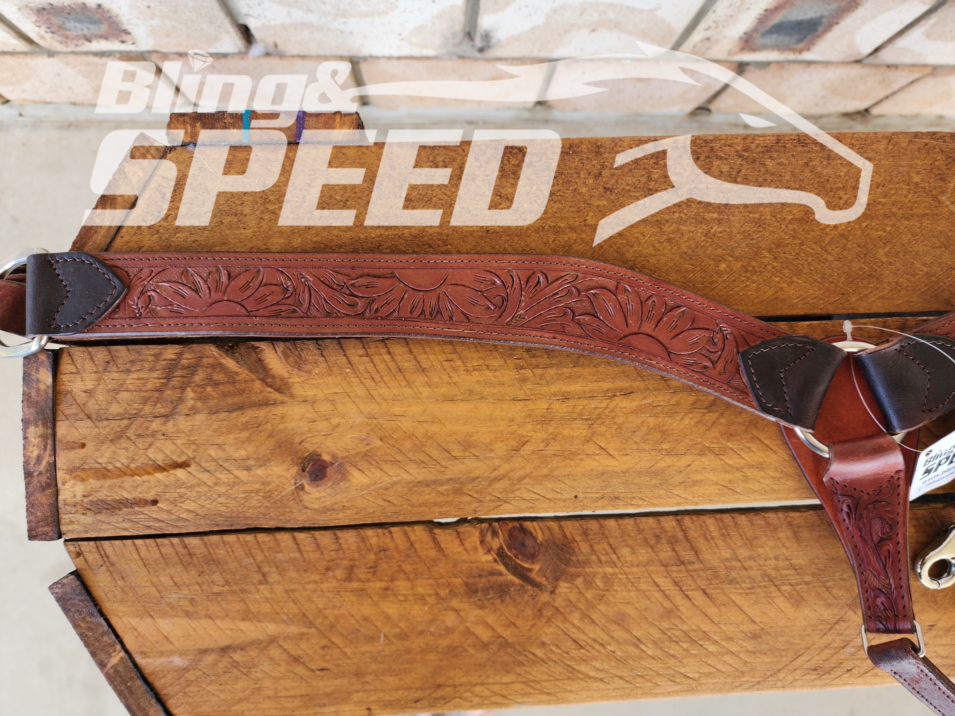 Leather Breast Collar with Sunflower Tooling and Turquoise Buckles (8065649410286)