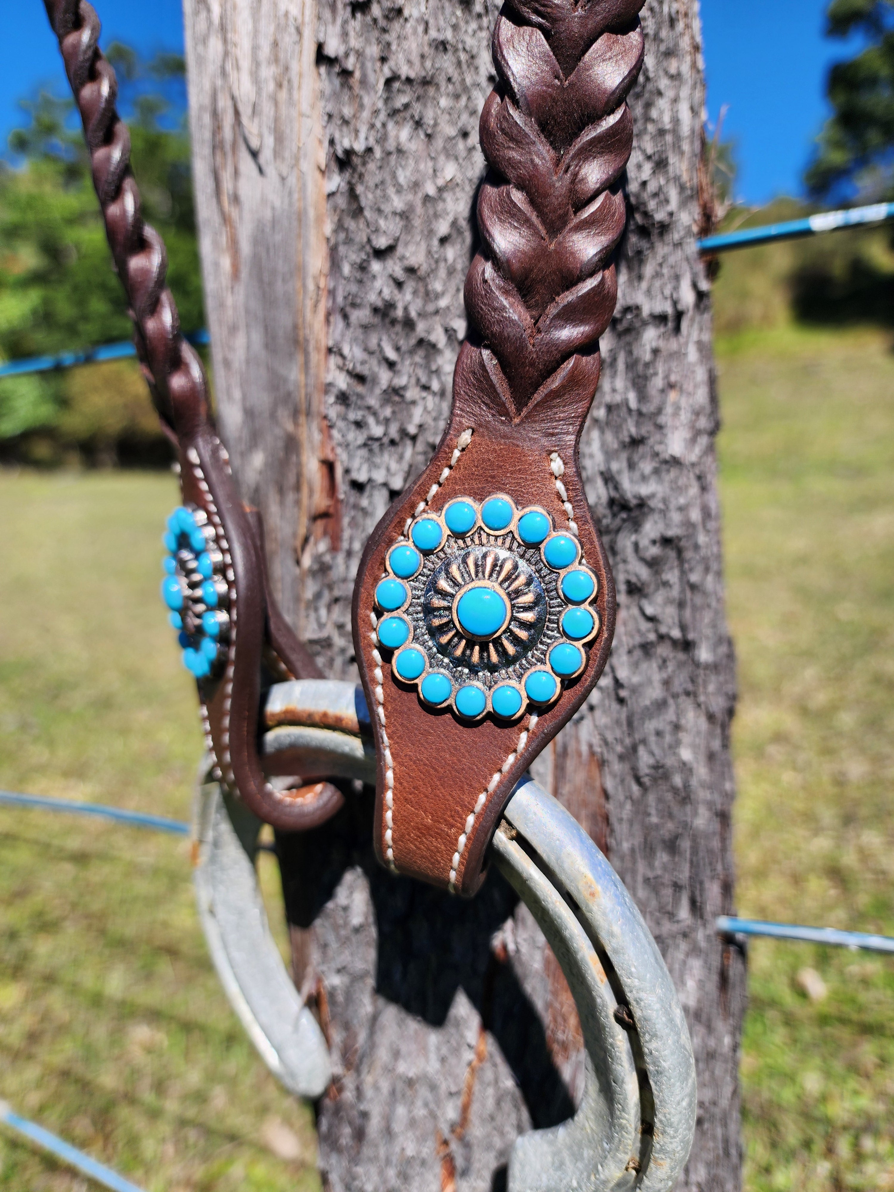 One Ear Plait Bridle with Turquoise Berry Concho