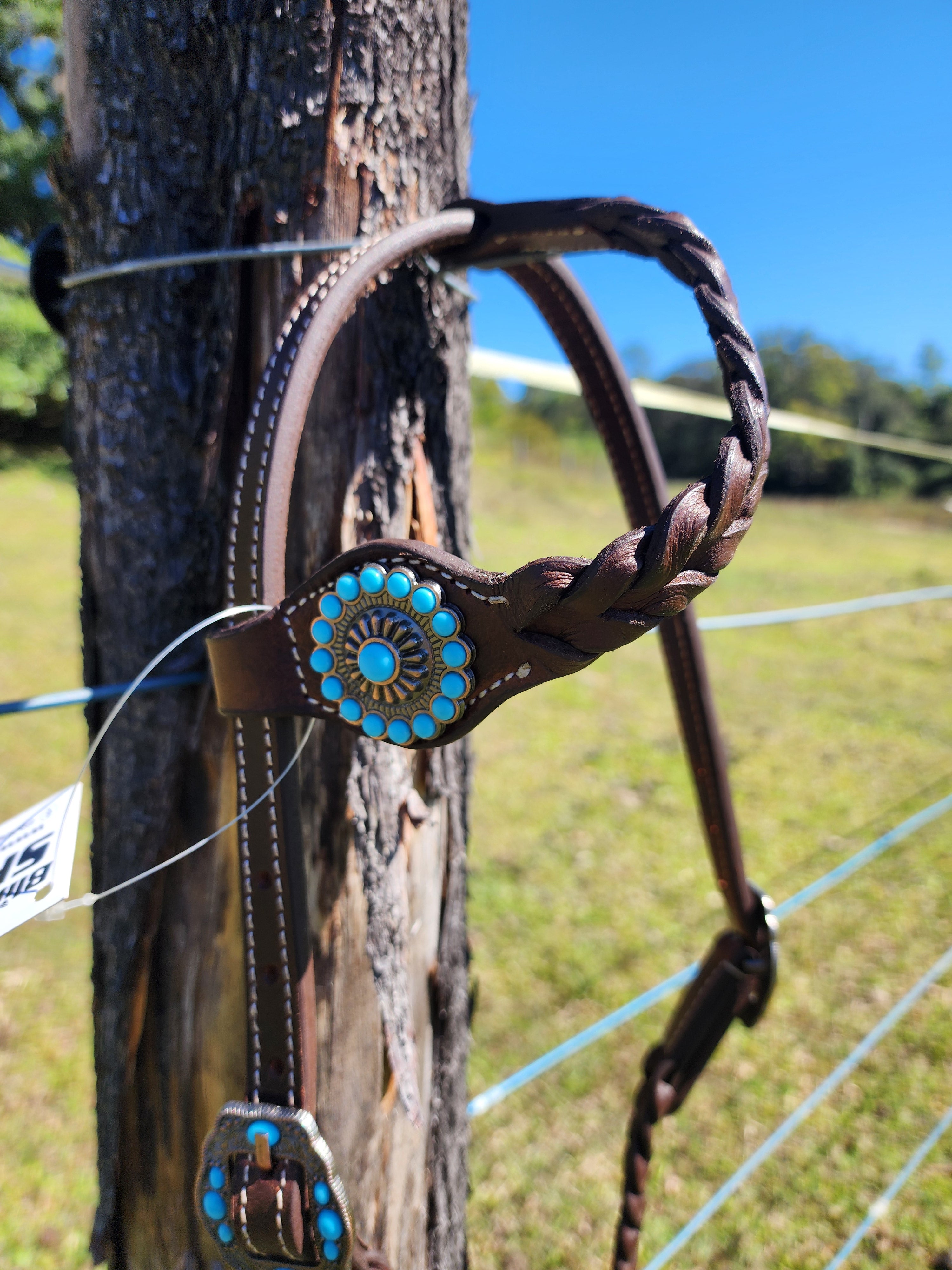 One Ear Plait Bridle with Turquoise Berry Concho