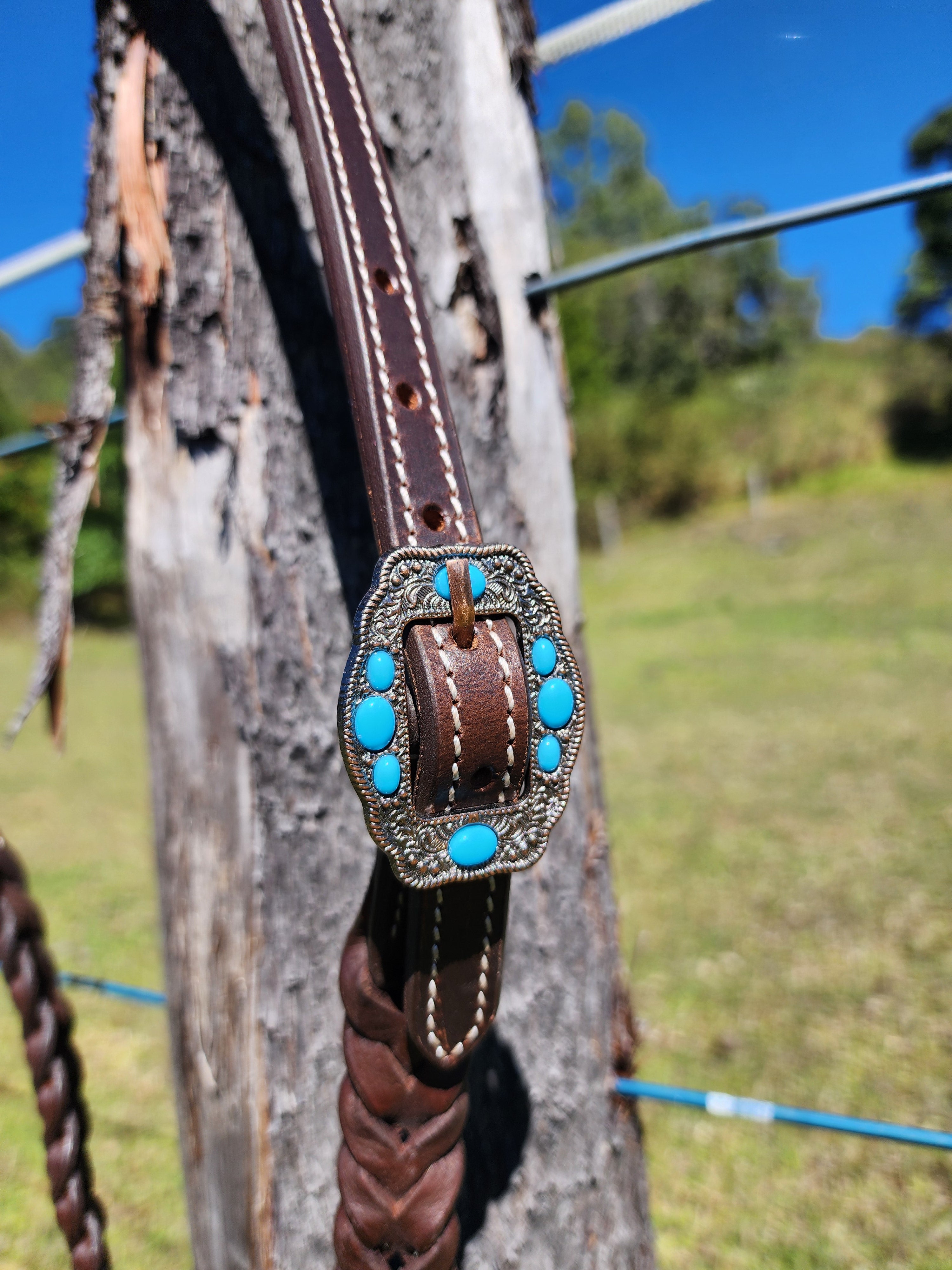 One Ear Plait Bridle with Turquoise Berry Concho