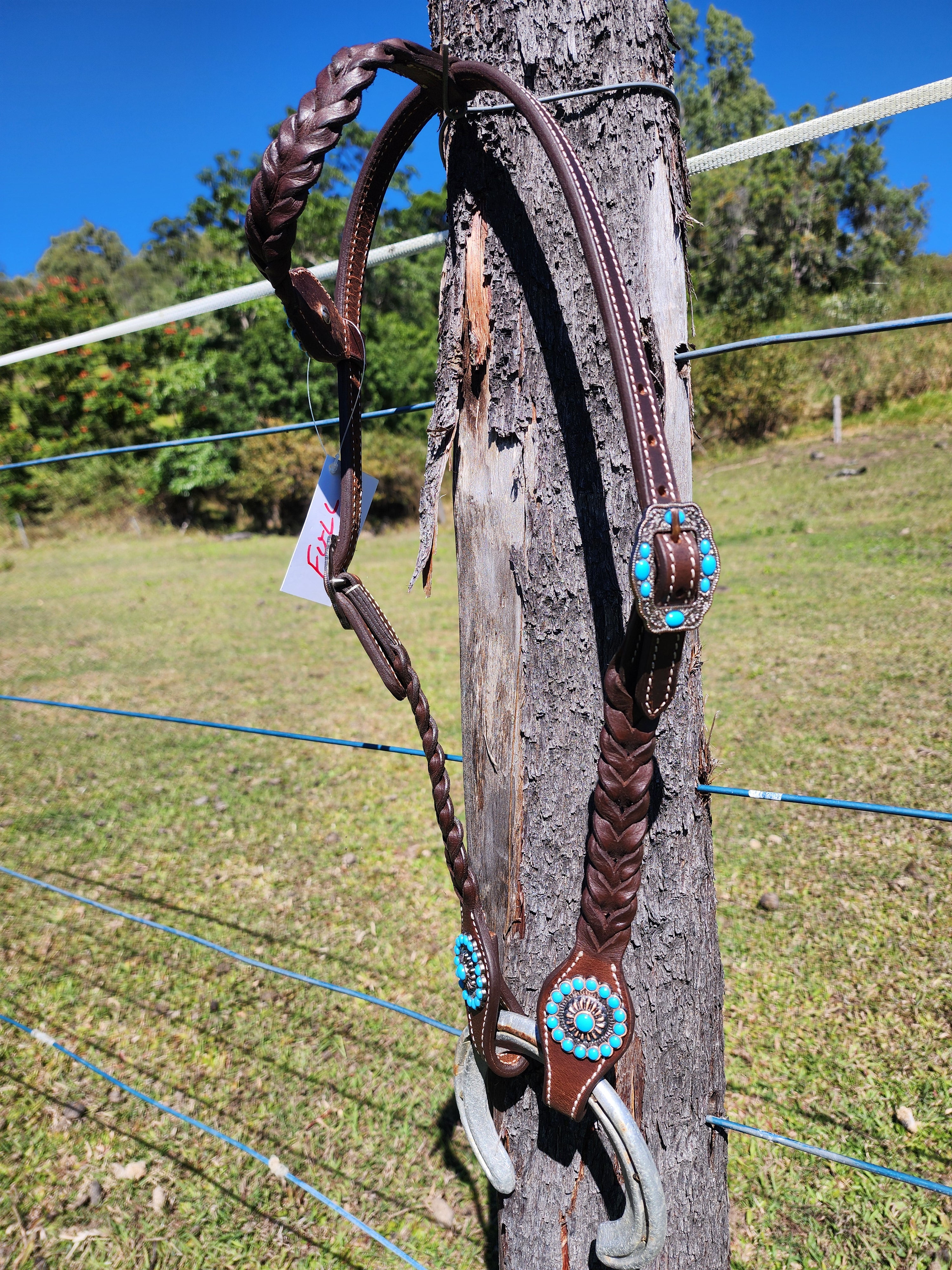 One Ear Plait Bridle with Turquoise Berry Concho