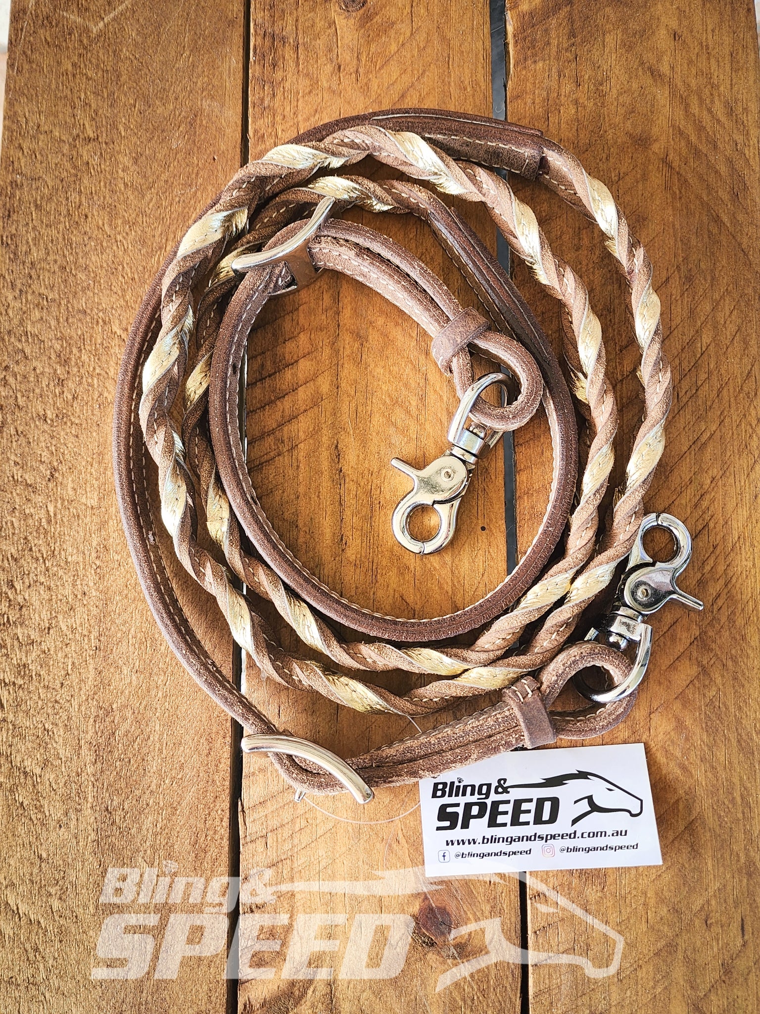 Bling & Speed Gold Twisted Bloodknot Bridle with matching Barrel Reins (7987702563054)