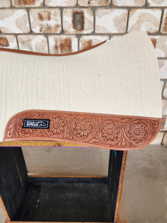 Full Wither Relief Merino Wool Felt Saddle Pad - Cream with Floral Tooling