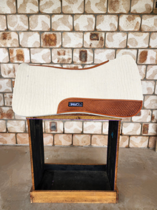 Full Wither Relief Merino Wool Felt Saddle Pad - Cream with Basket Weave Tooling