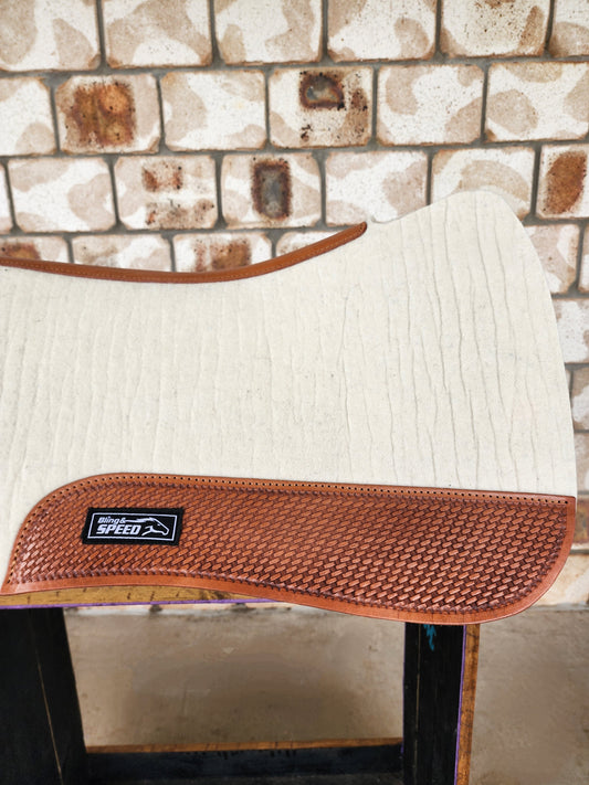 Full Wither Relief Merino Wool Felt Saddle Pad - Cream with Basket Weave Tooling