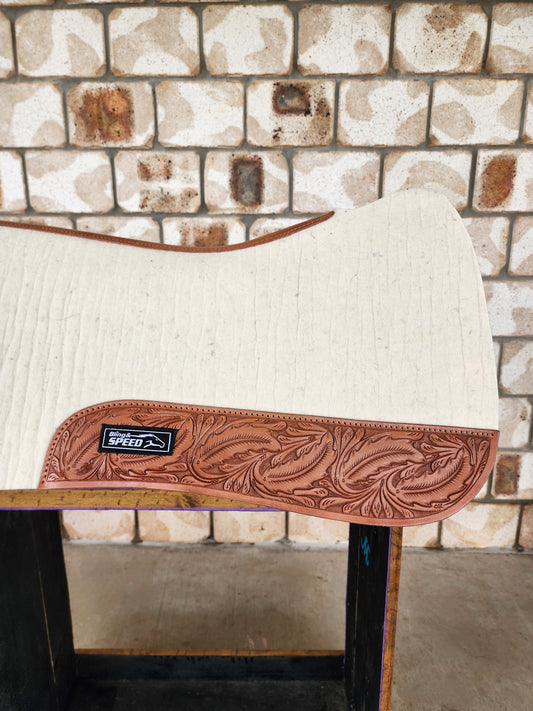 Full Wither Relief Merino Wool Felt Saddle Pad - Cream with Leaf Tooling