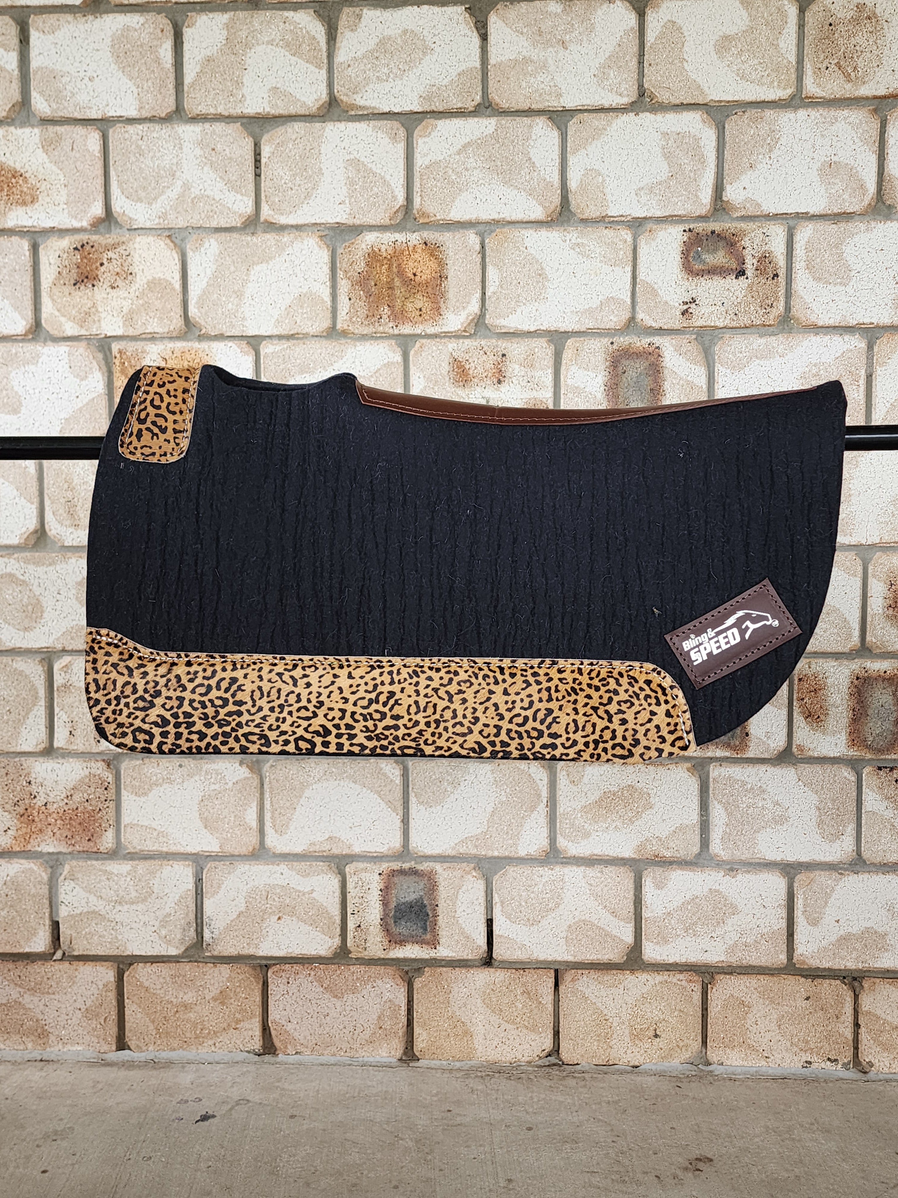 Standard Wither Relief - Round Skirt Merino Wool Barrel and Fender Saddle Pad - Black with Cheetah