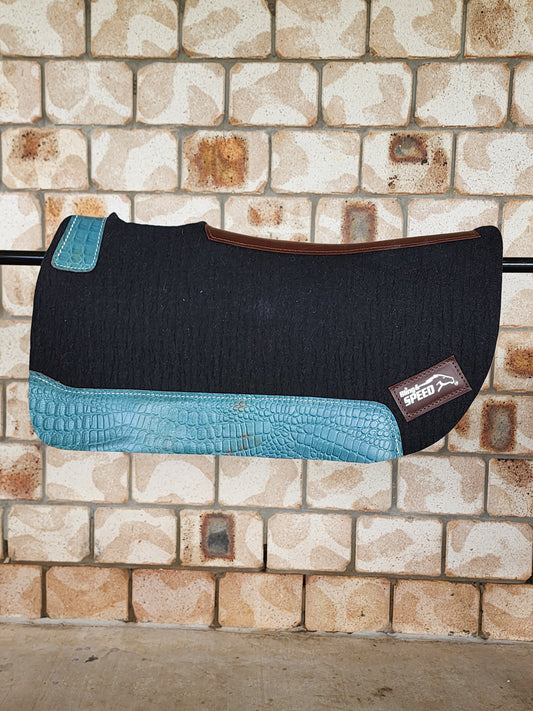 Round Skirt Merino Wool Barrel and Fender Saddle Pad - Black with Turquoise Croc