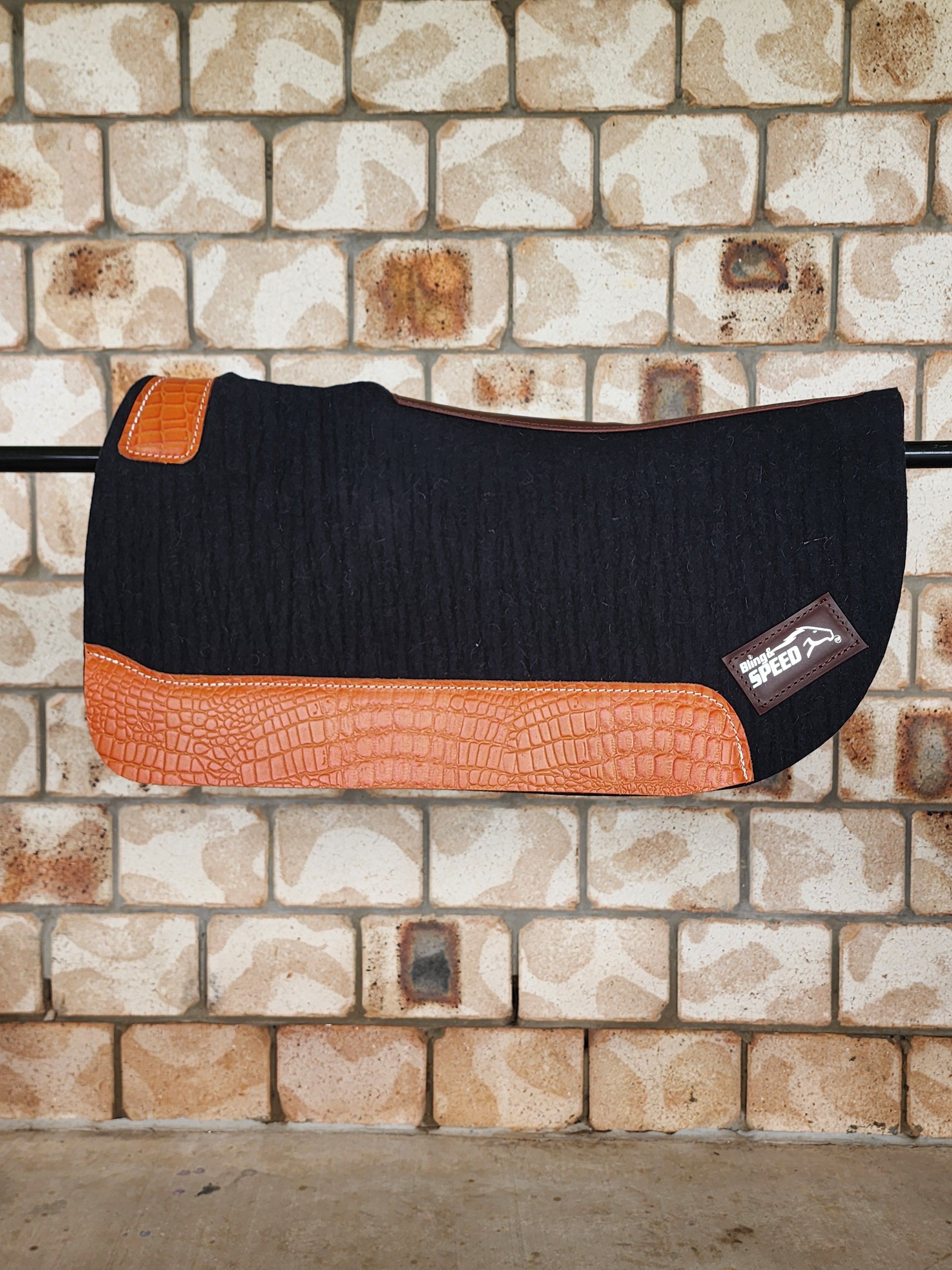 Standard Wither Relief - Round Skirt Merino Wool Barrel and Fender Saddle Pad - Black with Orange Croc
