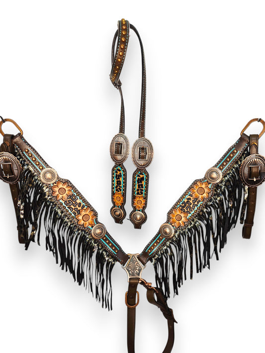 "Desert Bloom" Tooled Leather Fringe Tack Set