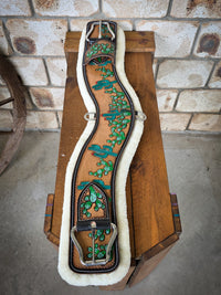 Cactus Tooled Anatomical Leather Girth with Removable Wool Liner