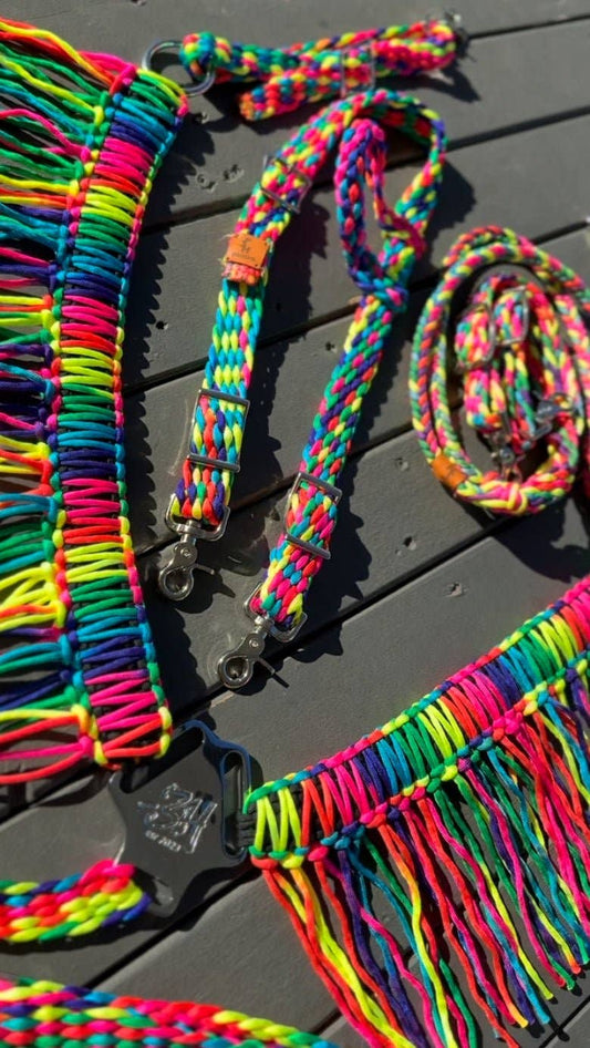 Rainbow Fringe Breast Collar – Hand-Braided Western Tack by -3H Equine