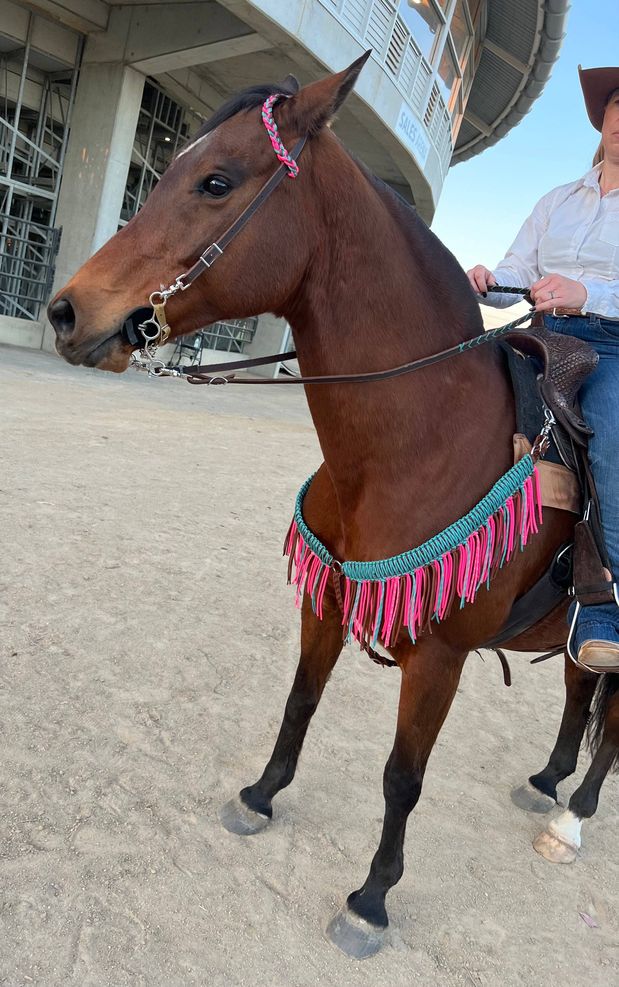 B Brave Hot Pink, Teal & Rust Fringe Breast Collar – Hand Braided by Bar3H