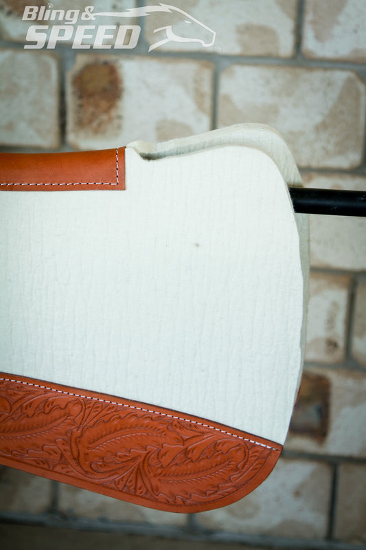 Full Wither Relief Merino Wool Felt Saddle Pad - Cream with Leaf Tooling