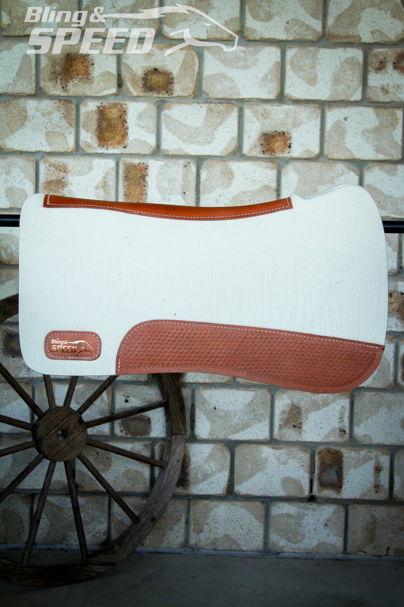 Full Wither Relief Merino Wool Felt Saddle Pad - Cream with Basket Weave Tooling