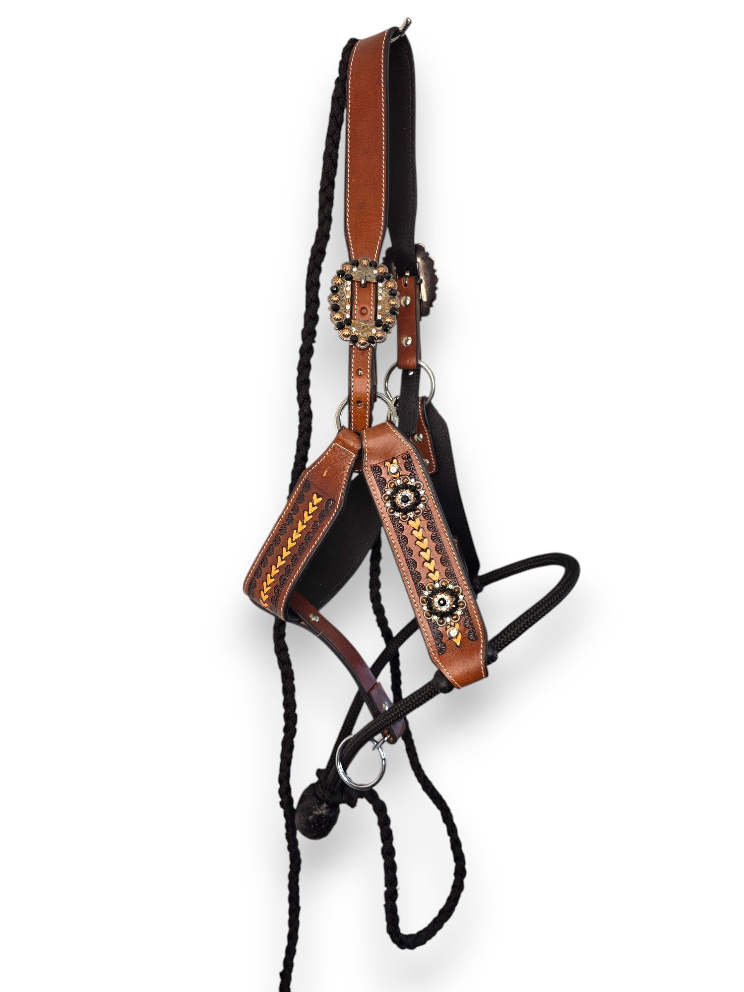 Leather Halter with Rope Nose Band - Black