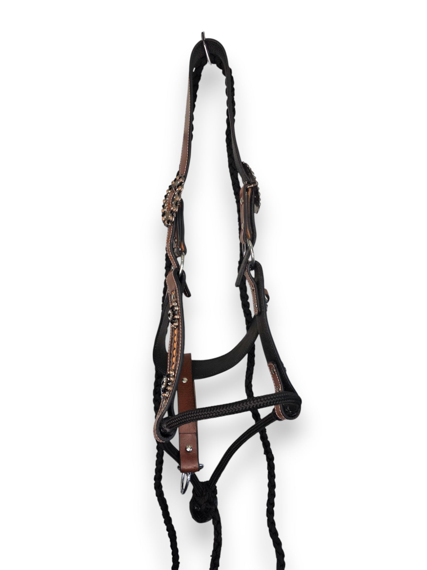Leather Halter with Rope Nose Band - Black