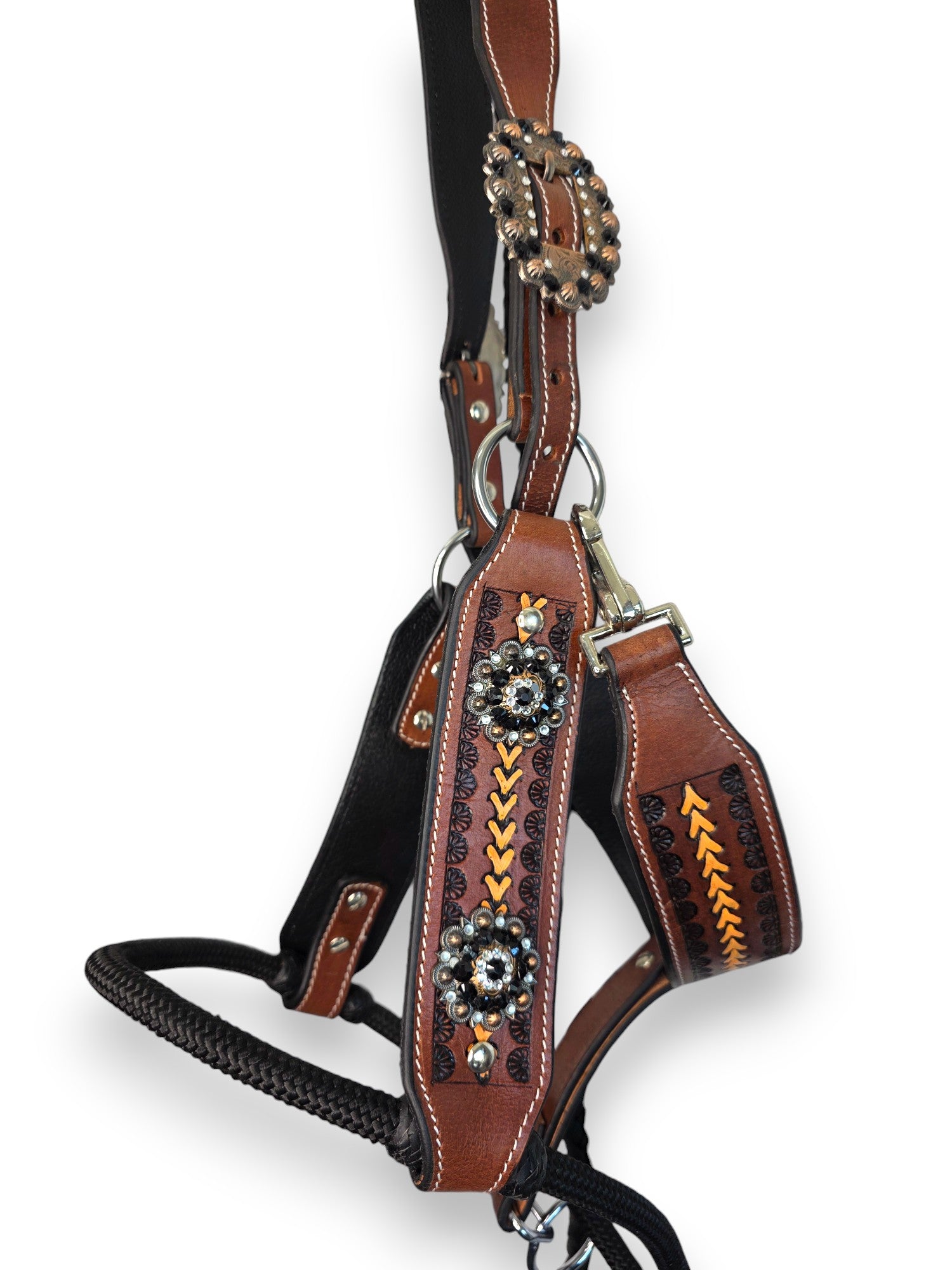 Leather Halter with Rope Nose Band - Black