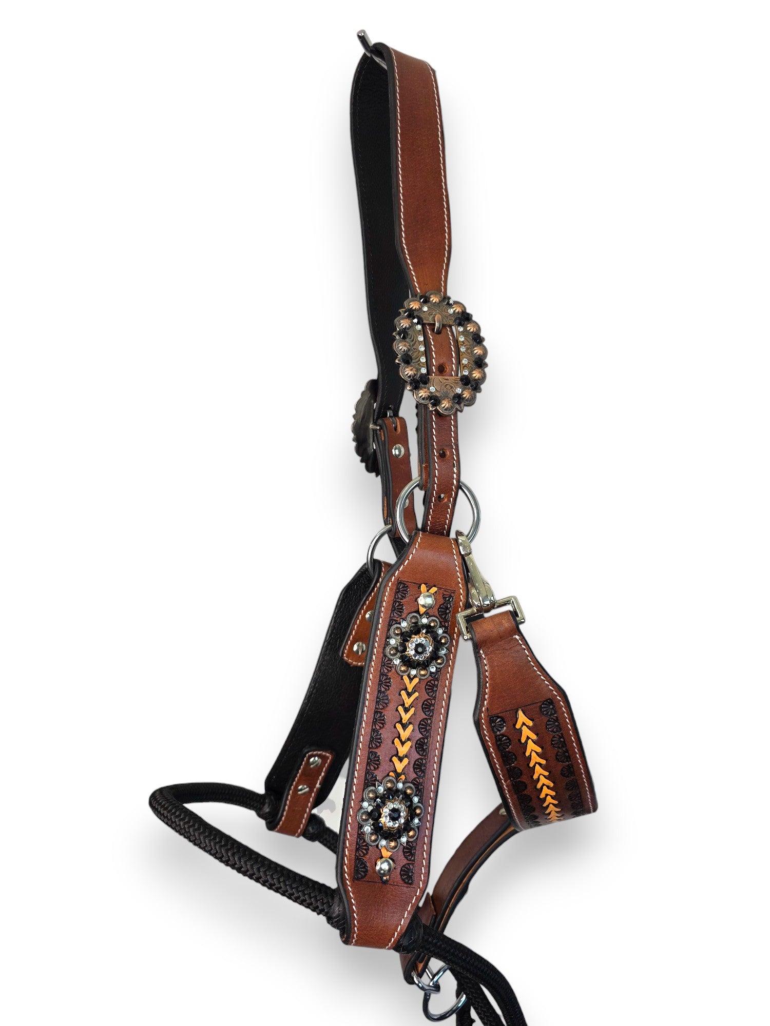 Leather Halter with Rope Nose Band - Black