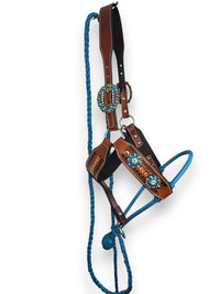 Leather Halter with Rope Nose Band - Blue