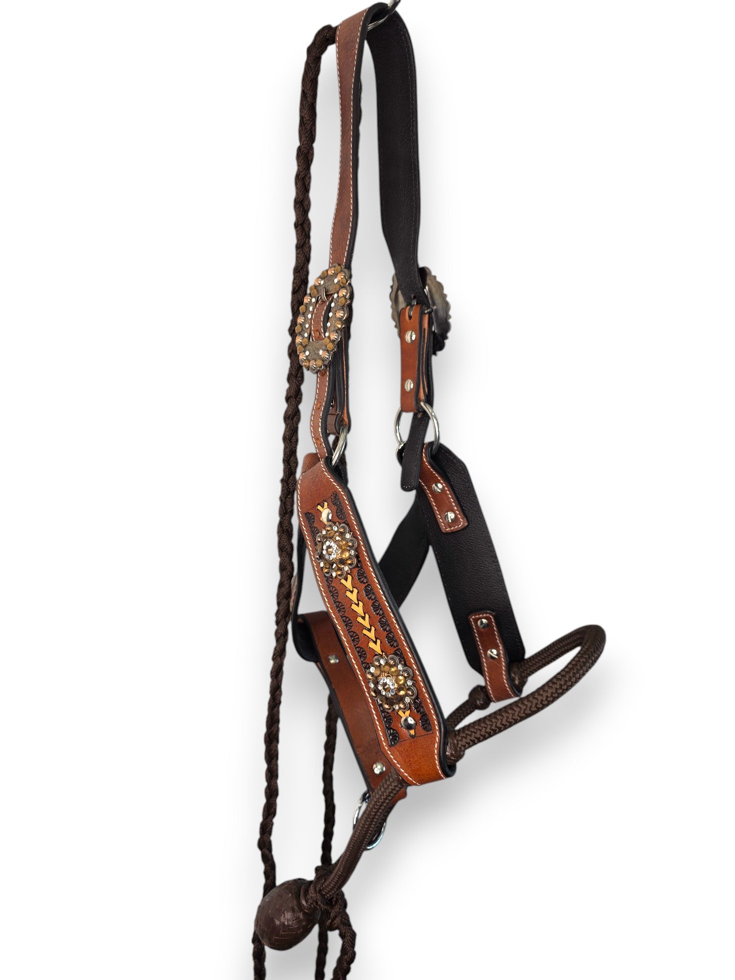 Leather Halter with Rope Nose Band - Brown