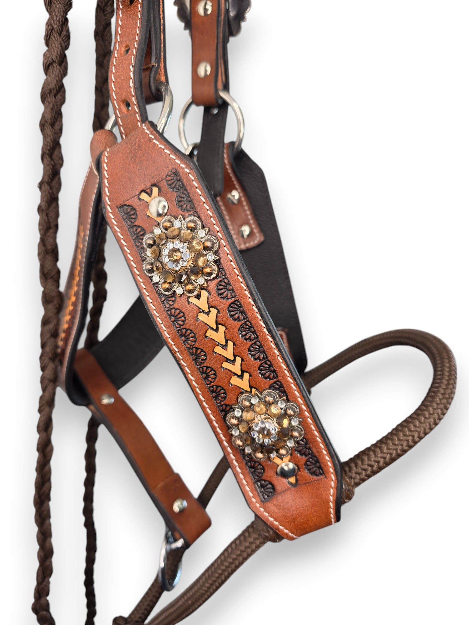 Leather Halter with Rope Nose Band - Brown
