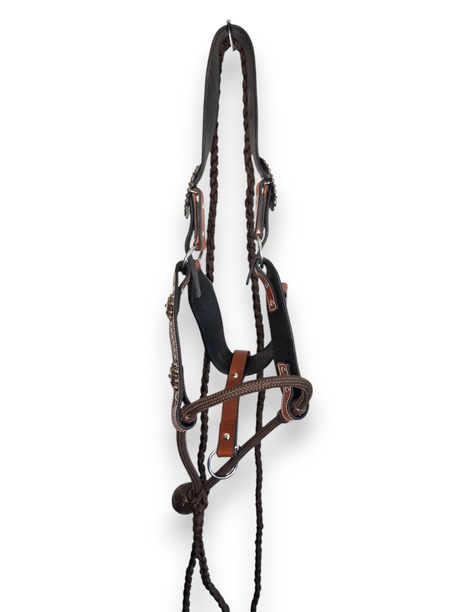 Leather Halter with Rope Nose Band - Brown