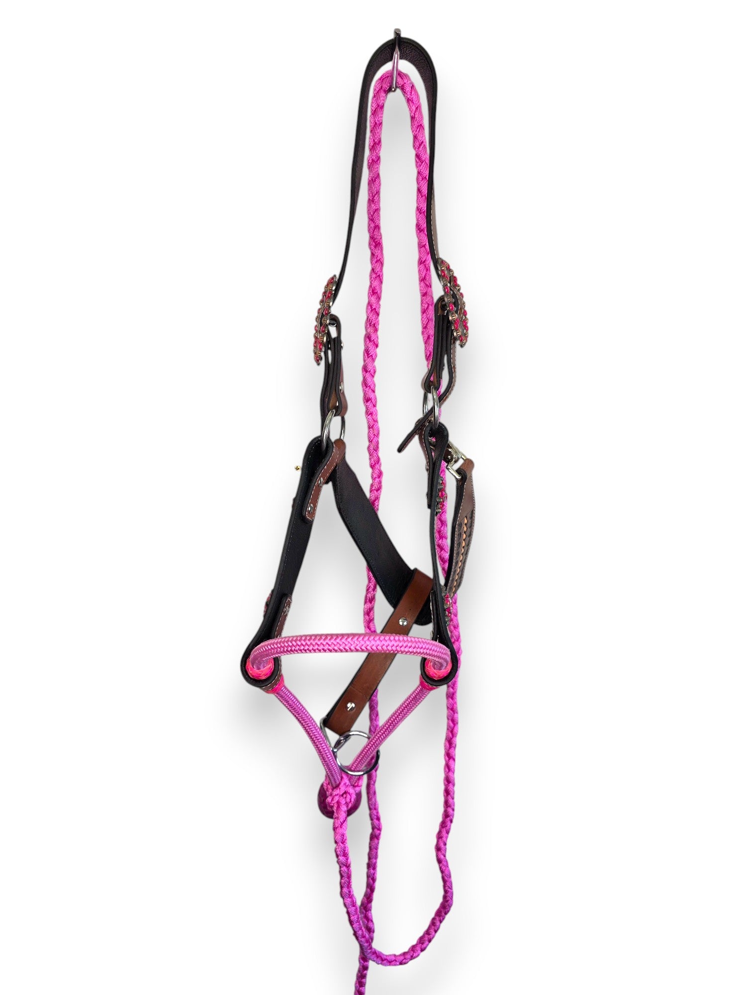 Leather Halter with Rope Nose Band - Pink
